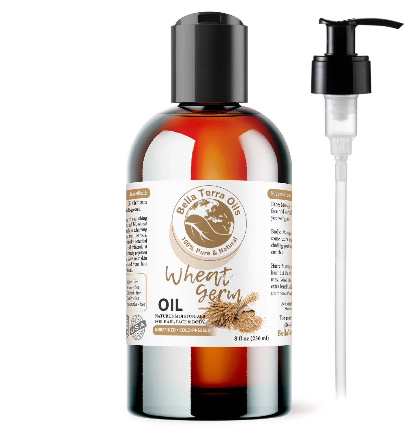 Bella Terra Oils wheat germ oil bottle with pump on a white background