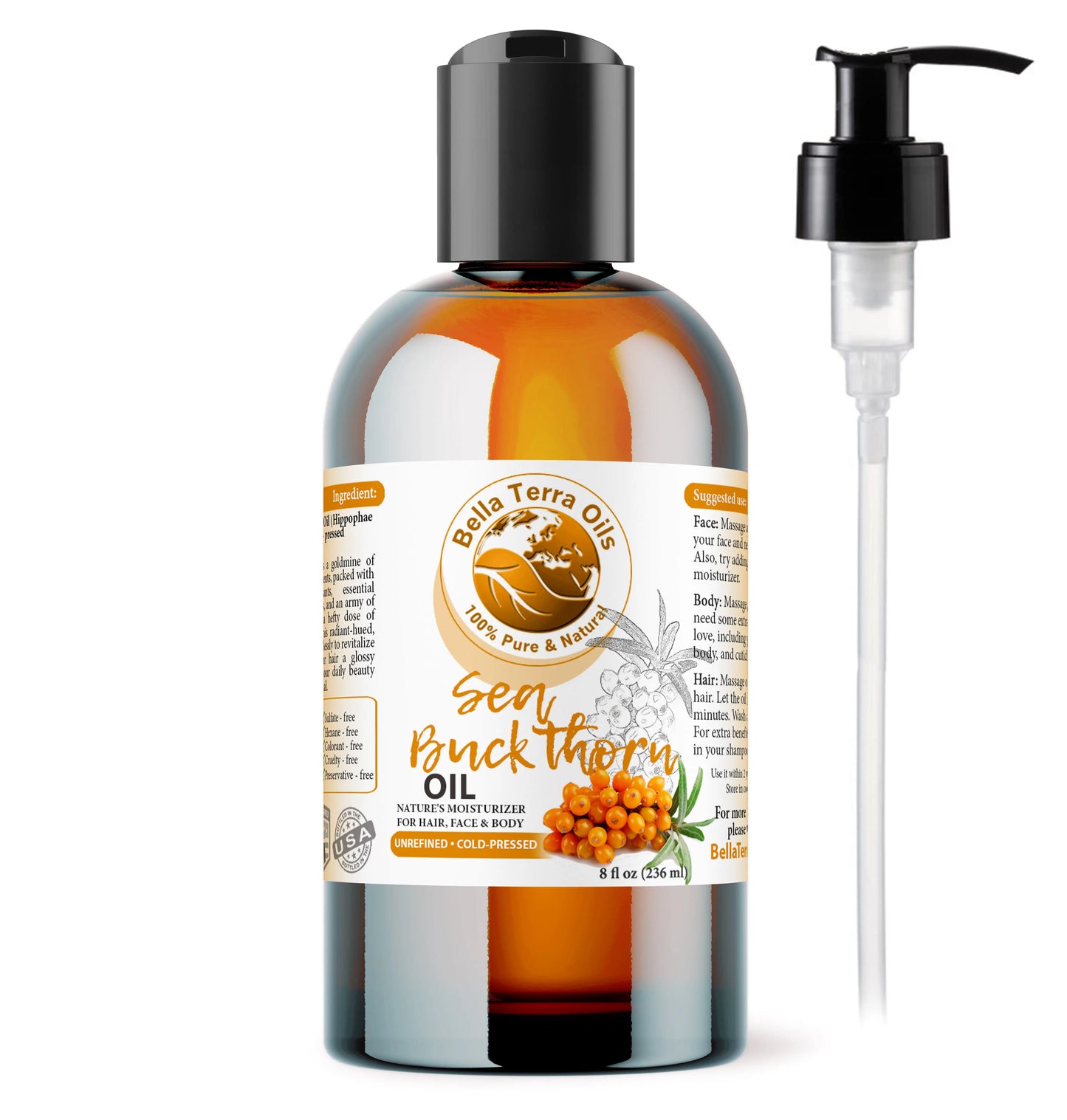 Bottle of Sea Buckthorn oil with pump on a white background