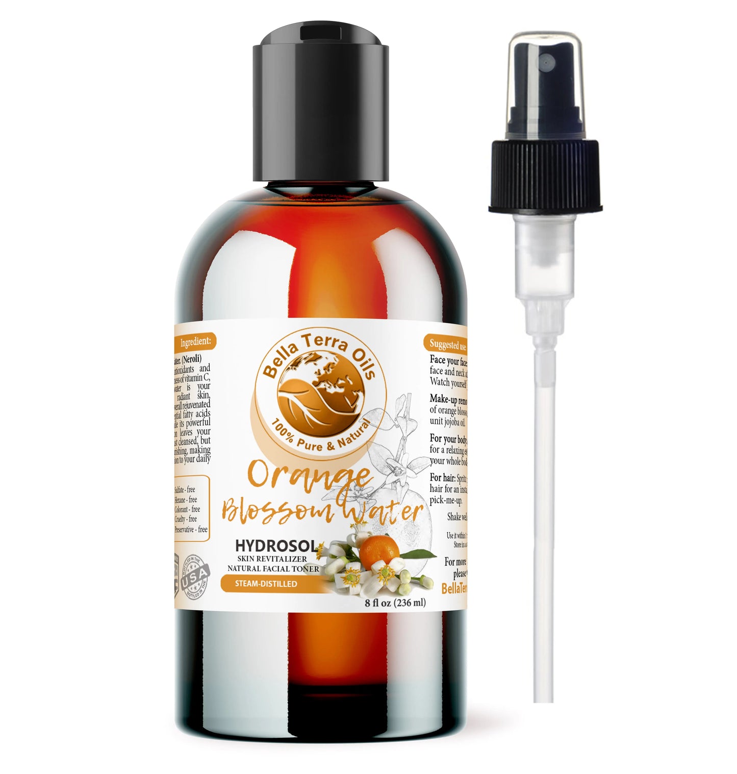 Bella Terra Oils Orange Blossom Hydrosol bottle with dropper on a white background