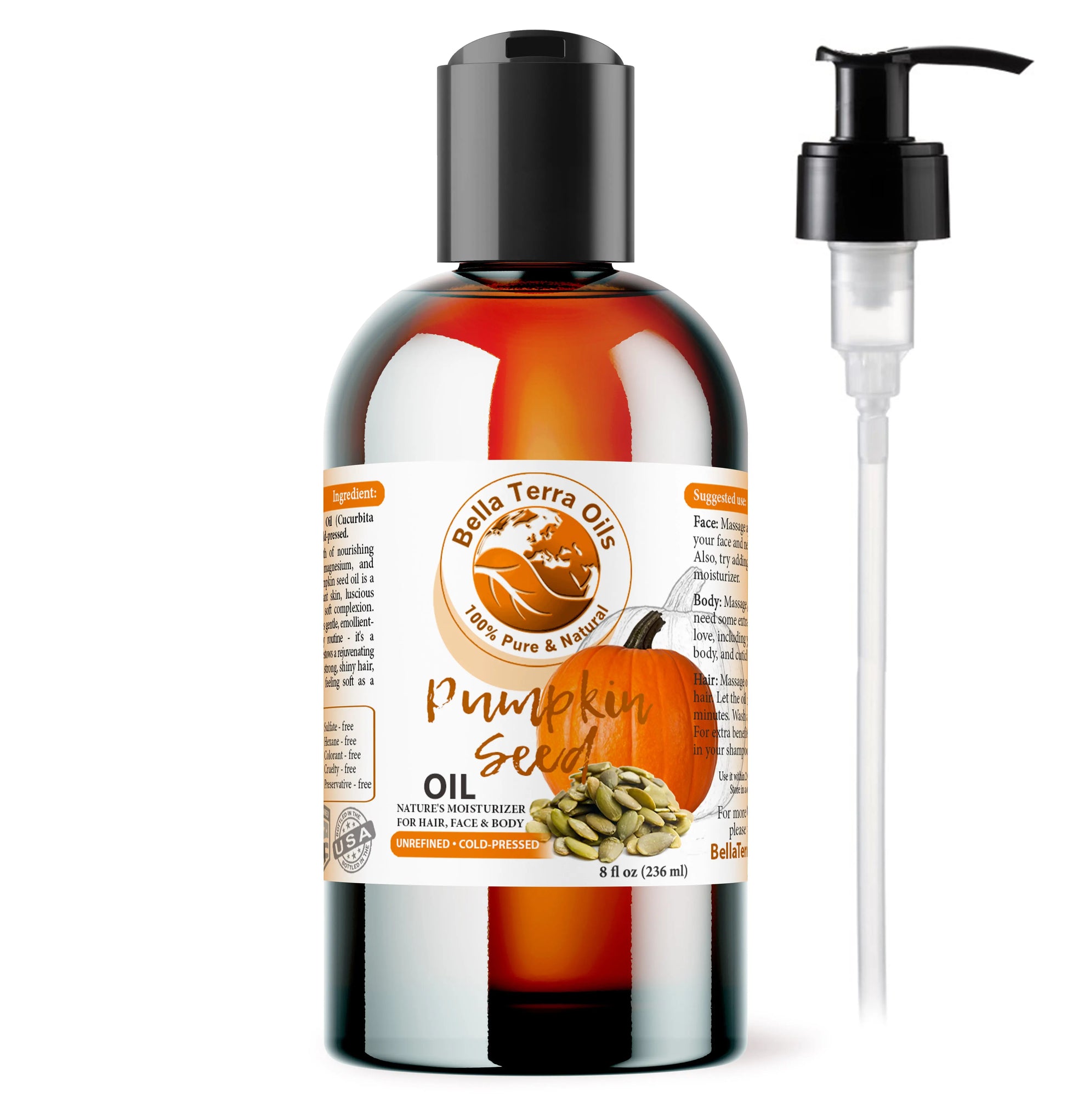 Bella Terra Oils pumpkin seed oil bottle with pump on a white background