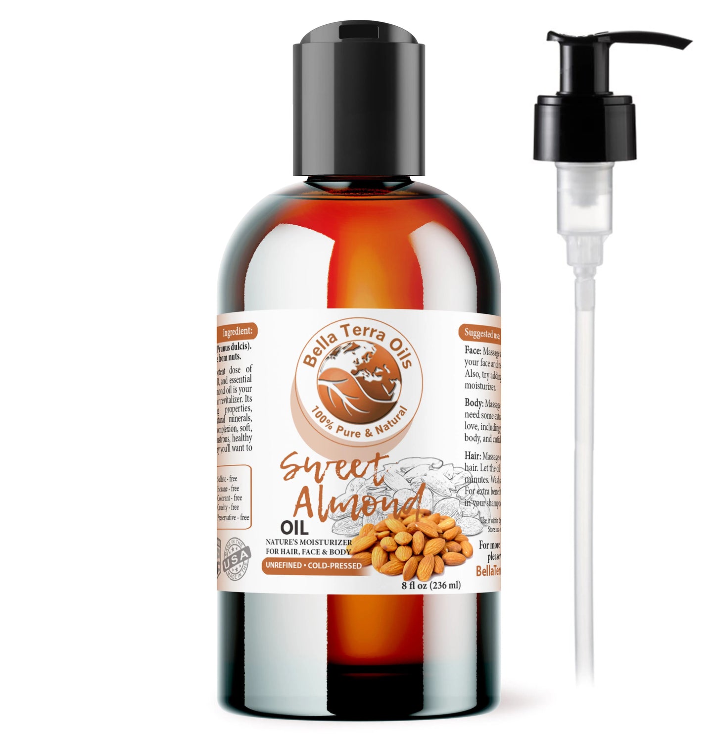 Bella Terra Oils Sweet Almond Oil bottle with pump on a white background