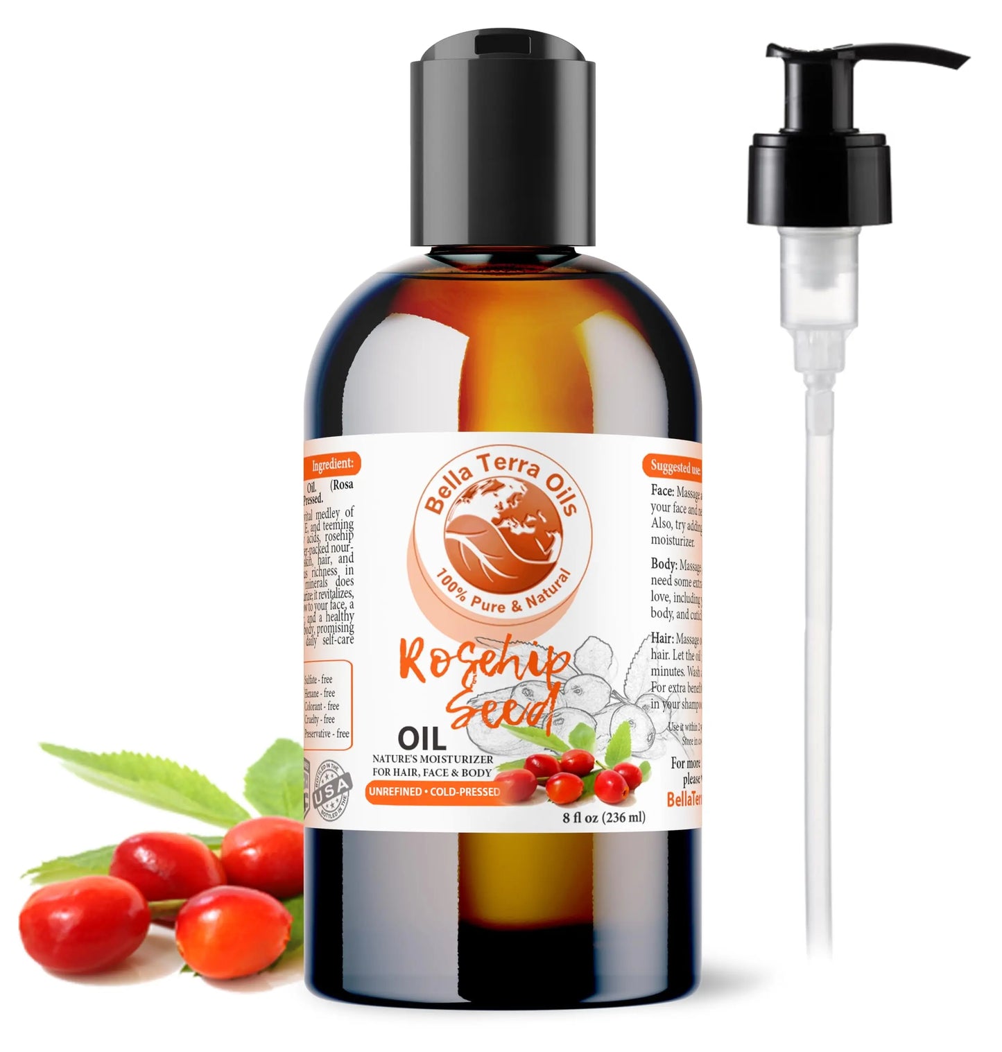 Bottle of Bella Terra Oils Rosehip Seed Oil with pump on a white background