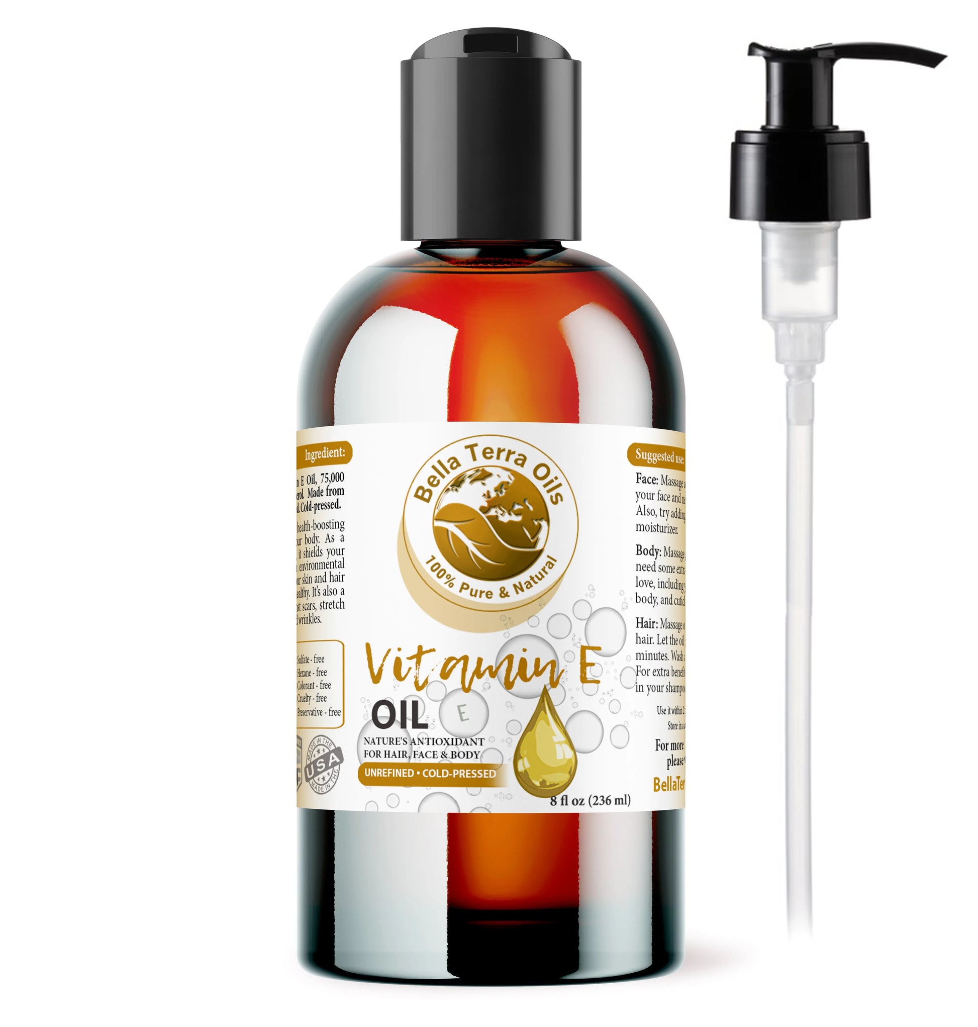 Bella Terra Oils Vitamin E oil bottle with pump on a white background