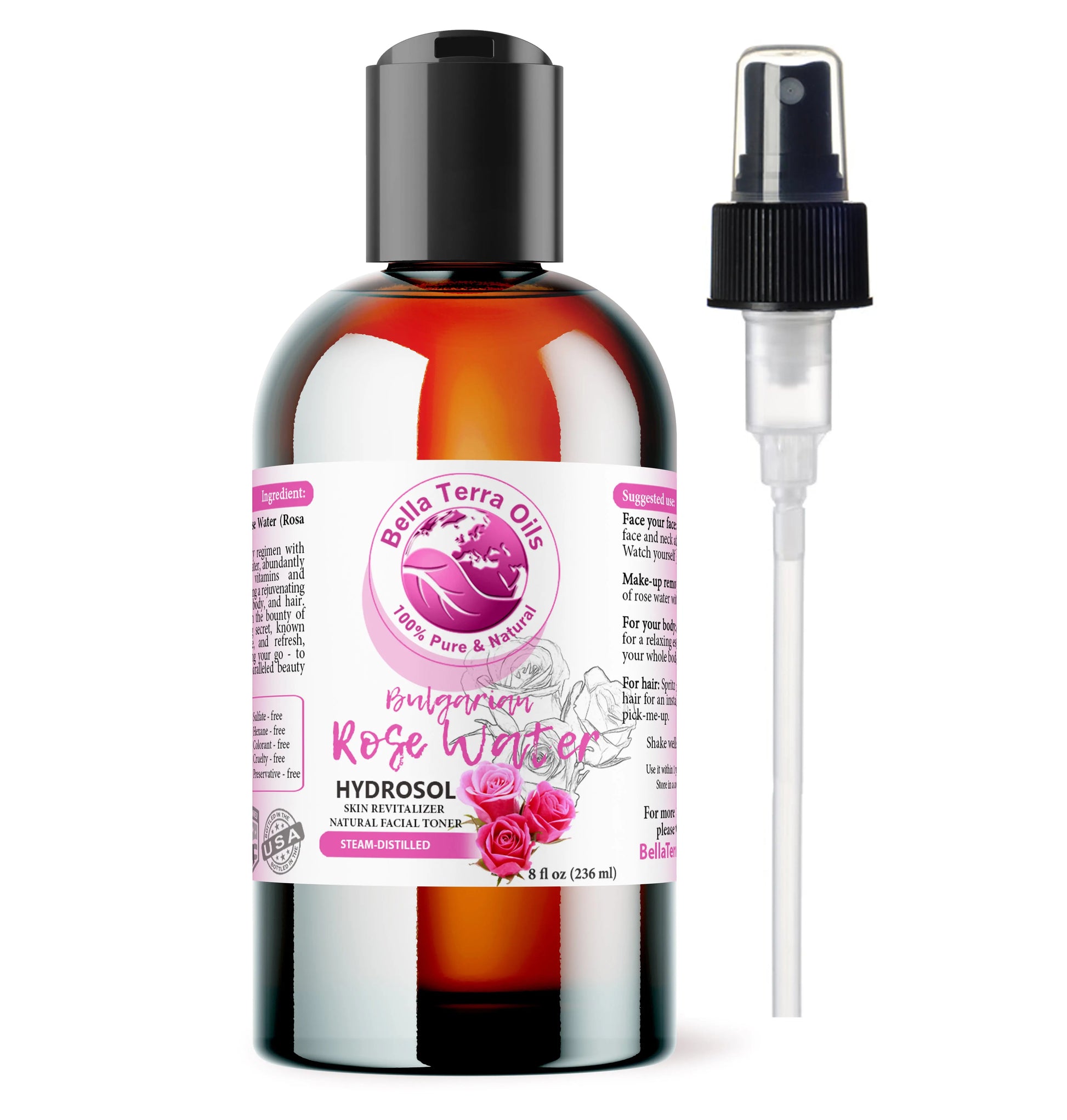 Bella Terra Oils Bulgarian Rose Water Hydrosol bottle with spray nozzle on a white background