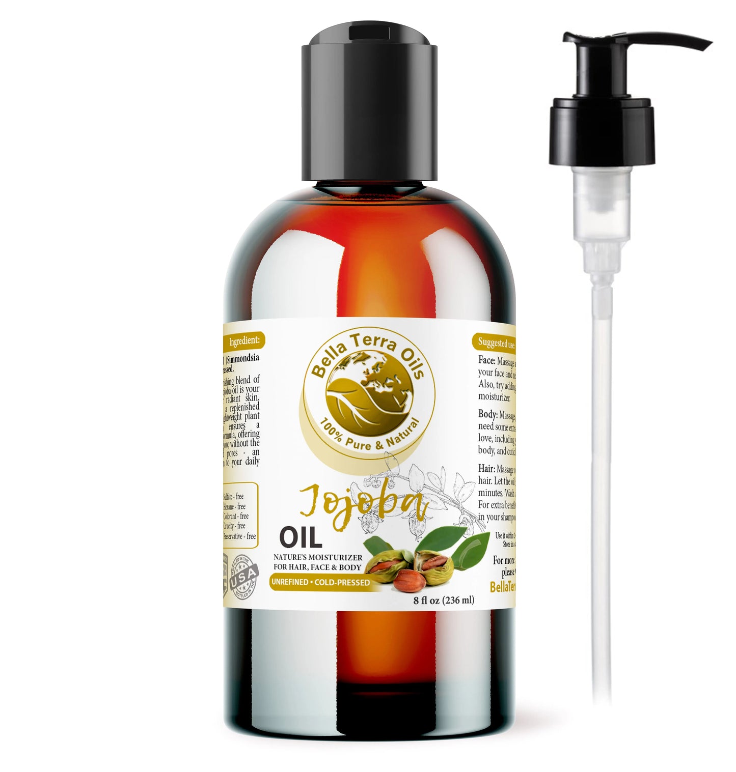 Bella Terra Oils castor oil bottle with pump on a white background