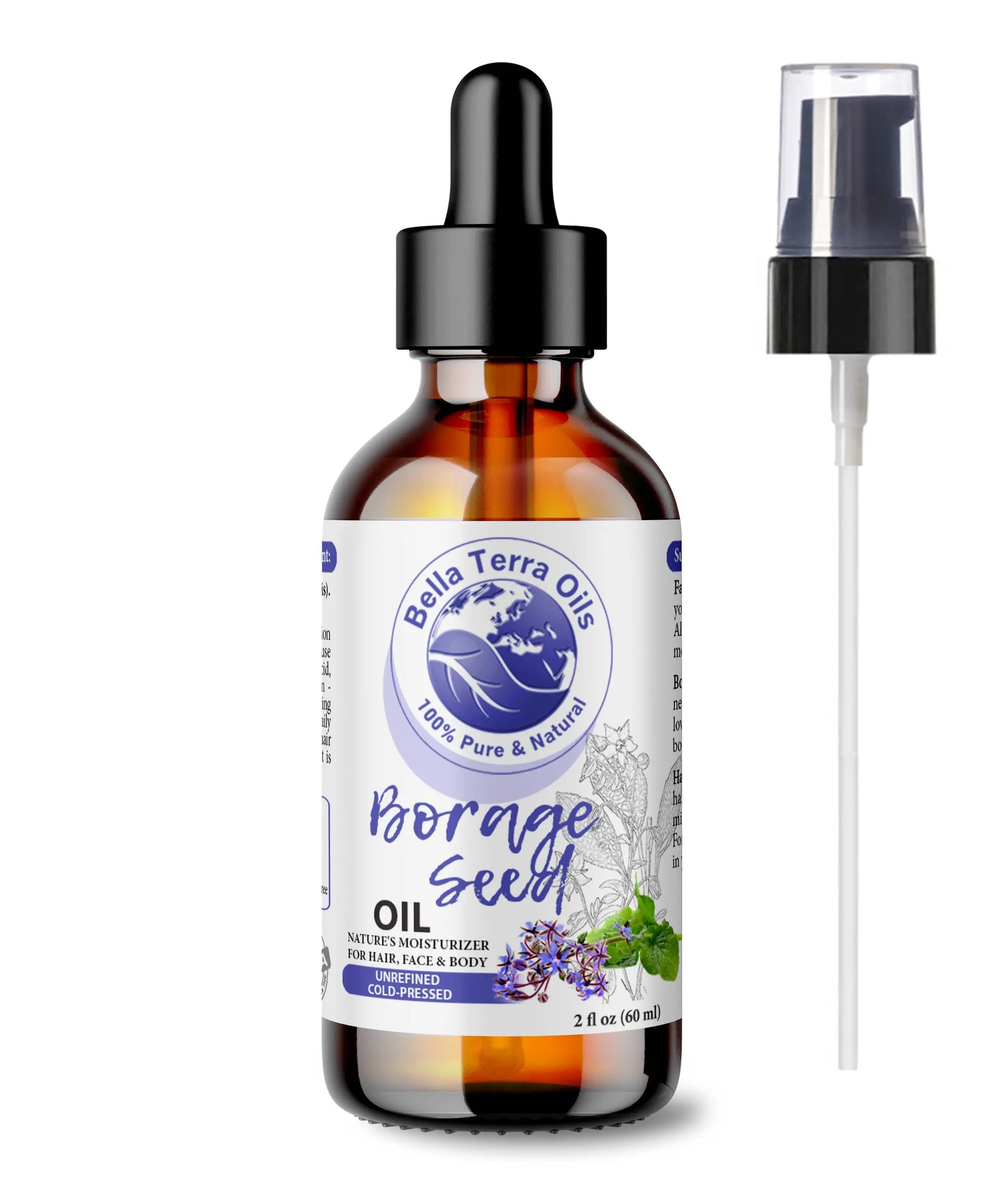 Bella Terra Oils borage seed oil bottle with dropper and pump on a white background