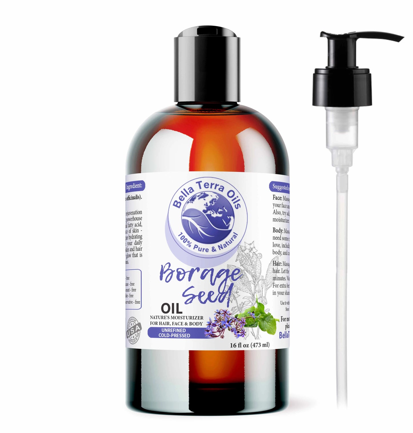 Bottle of Bella Terra Oils Borage Seed Oil with pump on a white background