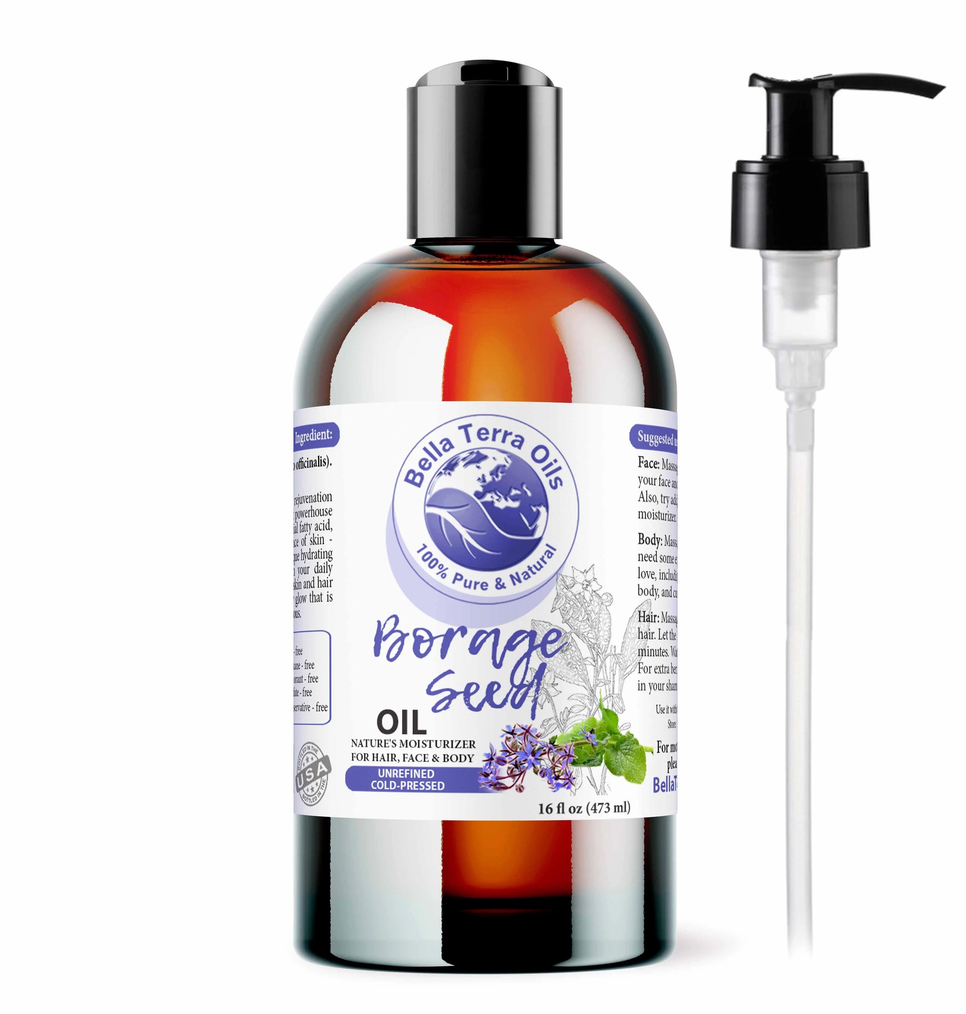 Bottle of Bella Terra Oils Borage Seed Oil with pump on a white background