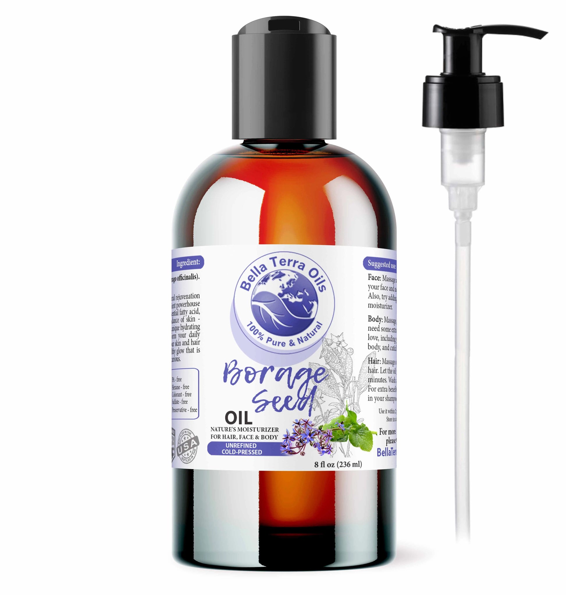 Bottle of Borne Seed oil with pump on a white background
