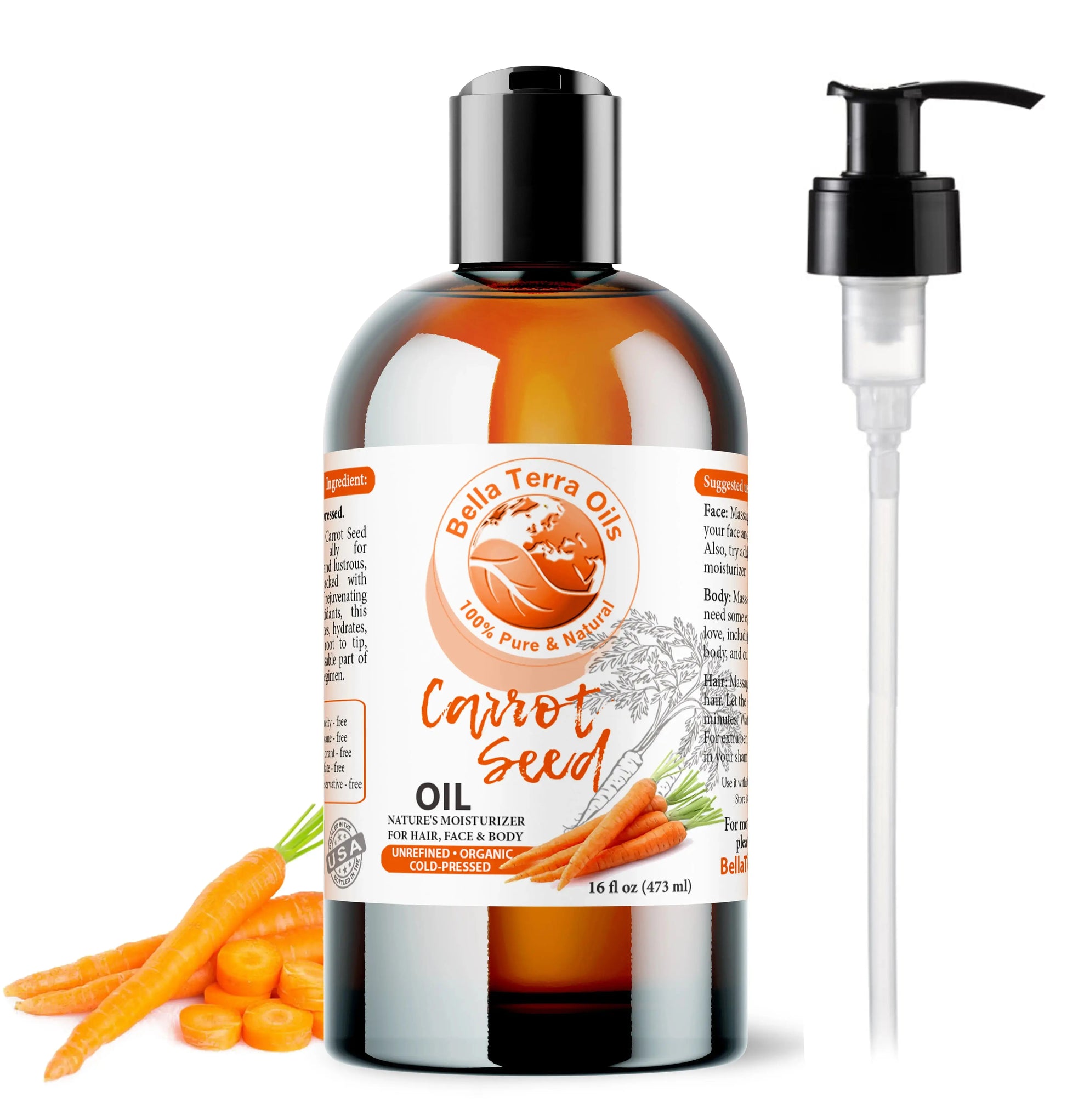 A bottle of Bella Terra Oils Carrot Seed Oil with a pump dispenser, accompanied by a few carrots to the side.