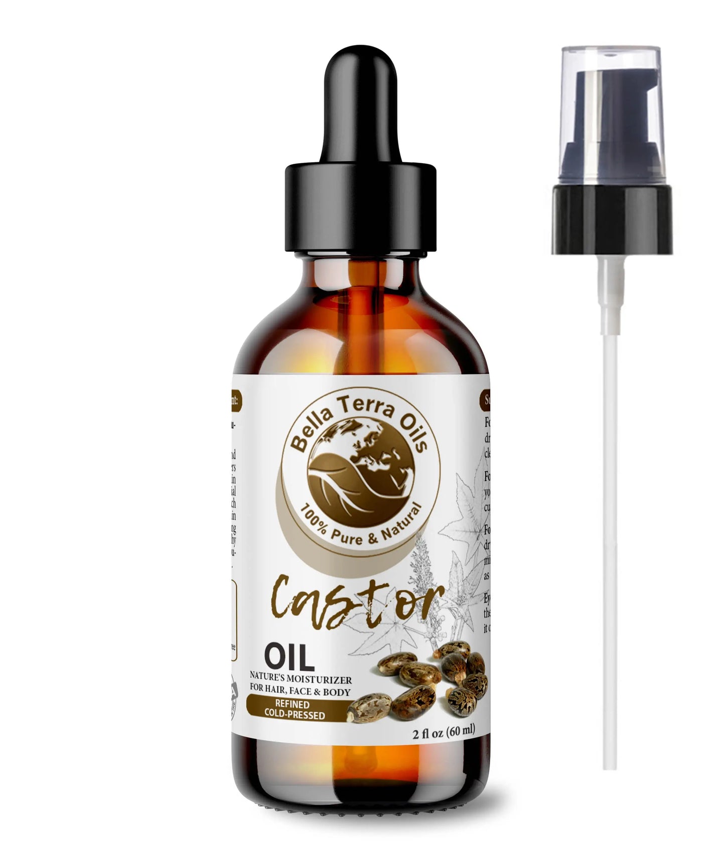 Bella Terra Oils castor oil bottle with dropper and spray on a white background