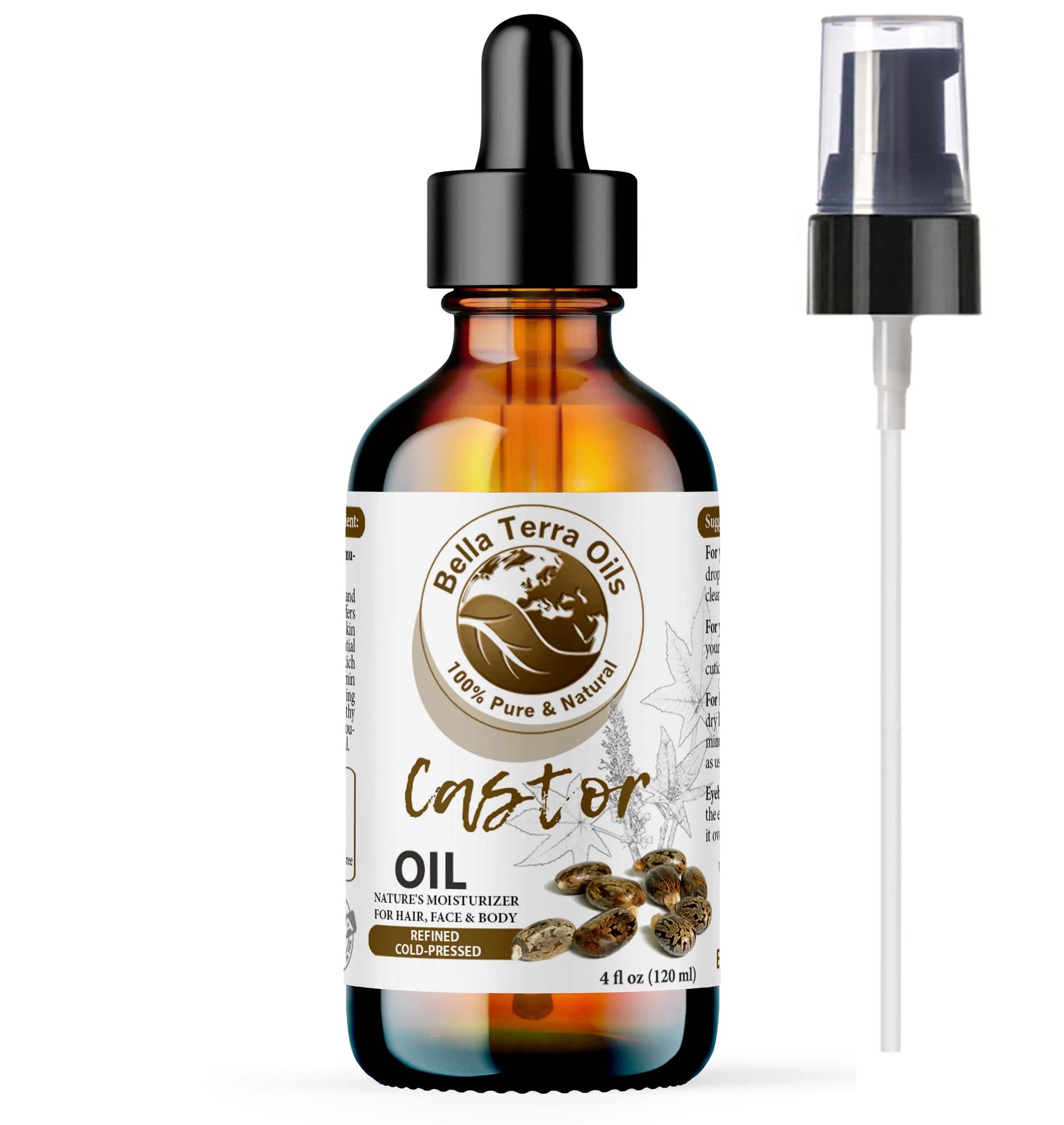 Bottle of Bella Terra Oils Castor Oil with dropper on a white background