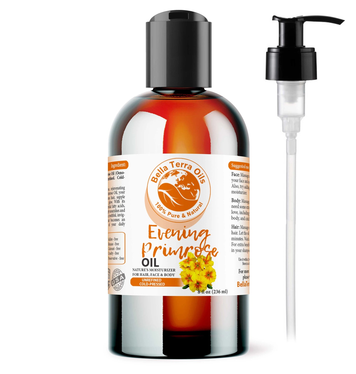 Bella Terra Oils Evening Primrose Oil bottle with pump on a white background