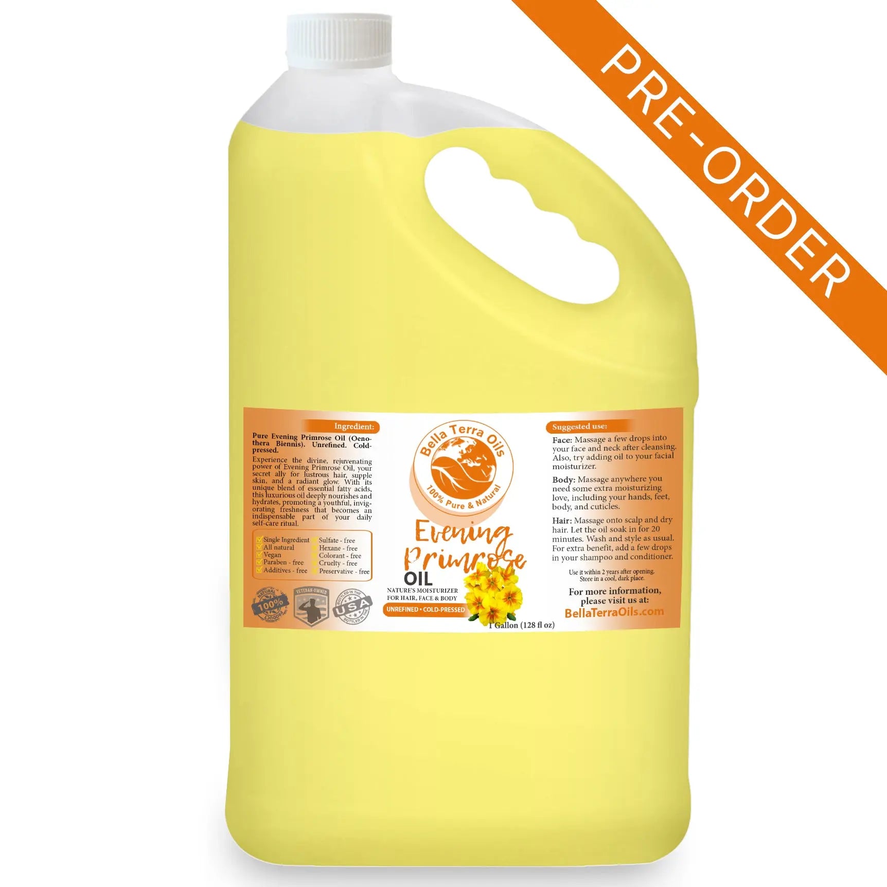 Yellow bottle of Evening Primrose Oil with a white cap on a white background, featuring a 'Pre-Order' label.