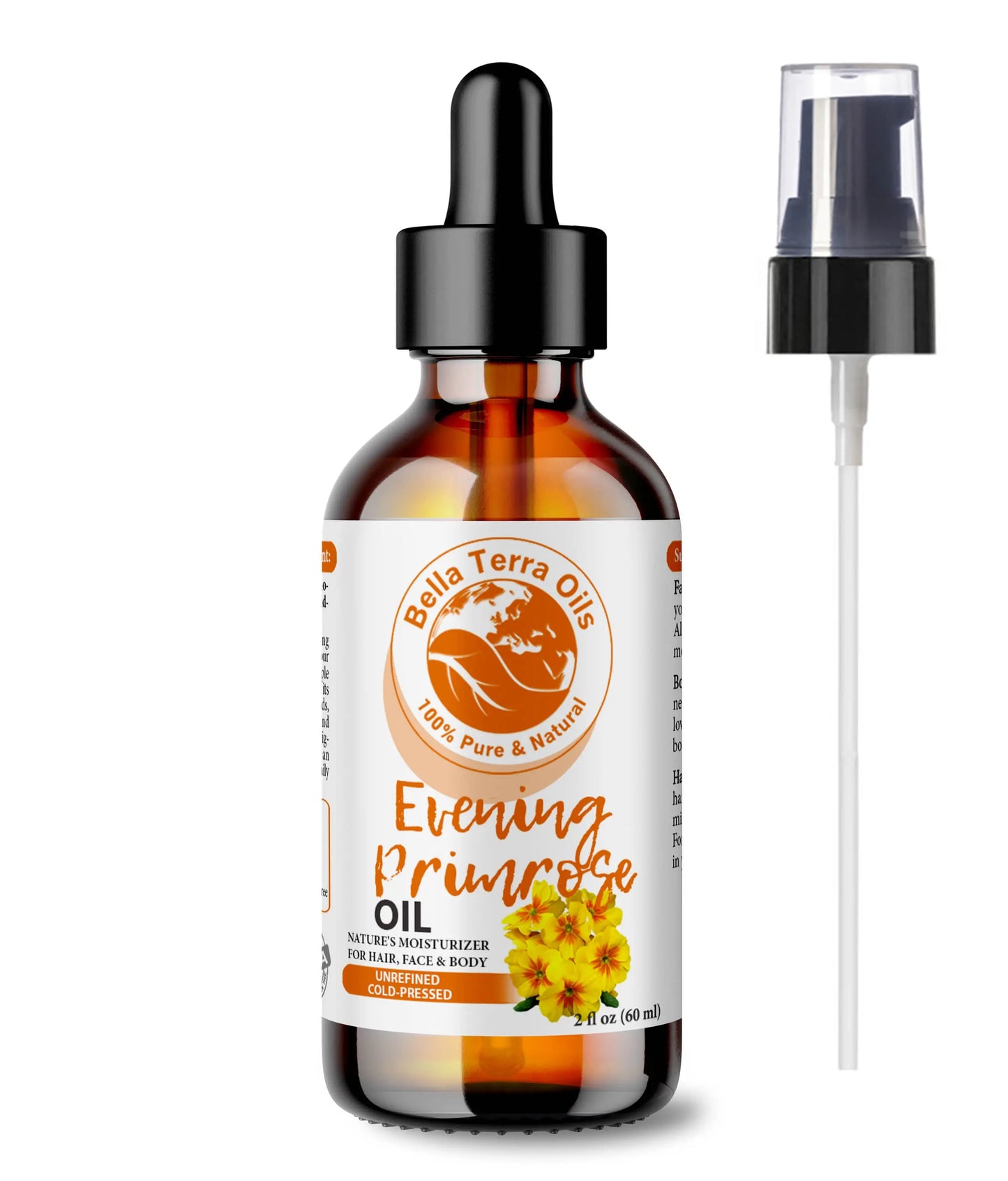Bella Terra Oils evening primrose oil bottle with dropper and spray on a white background