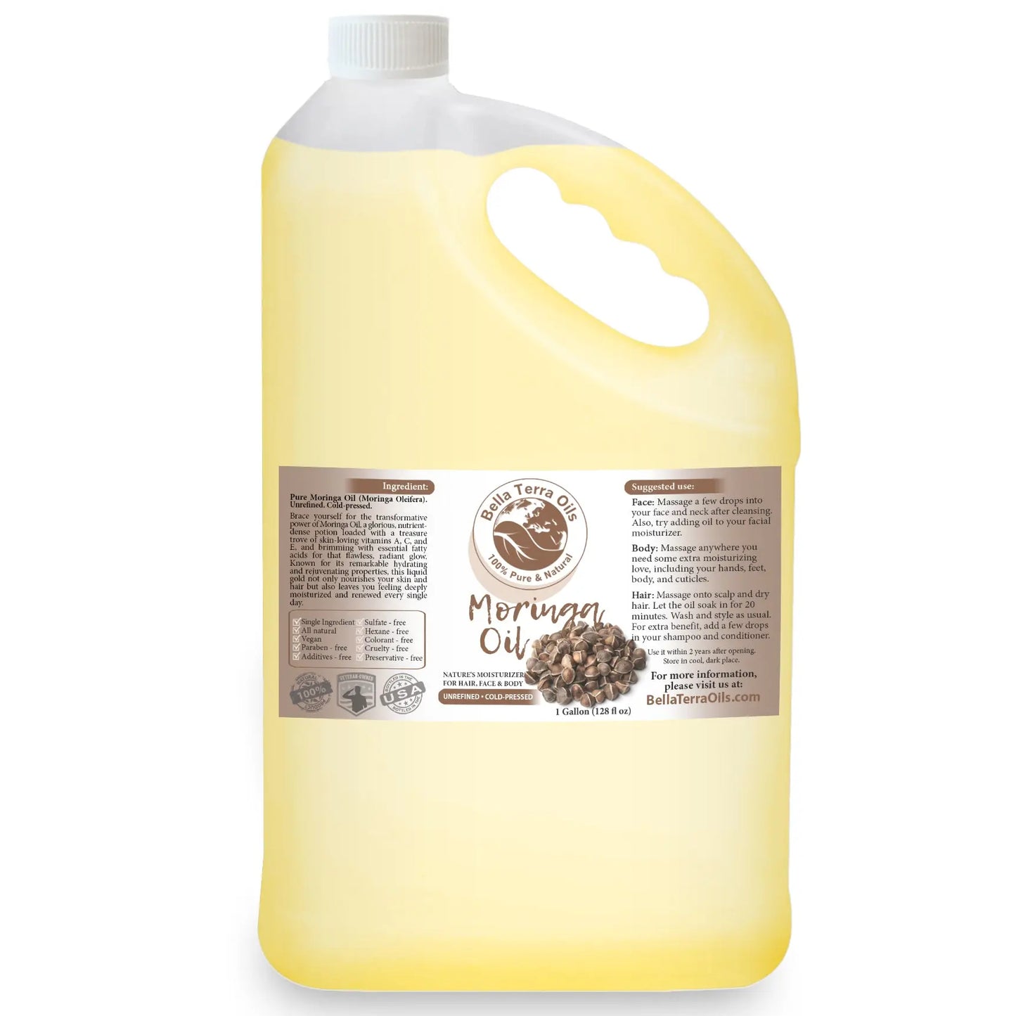Bottle of Moringa Oil with a visible label on a white background