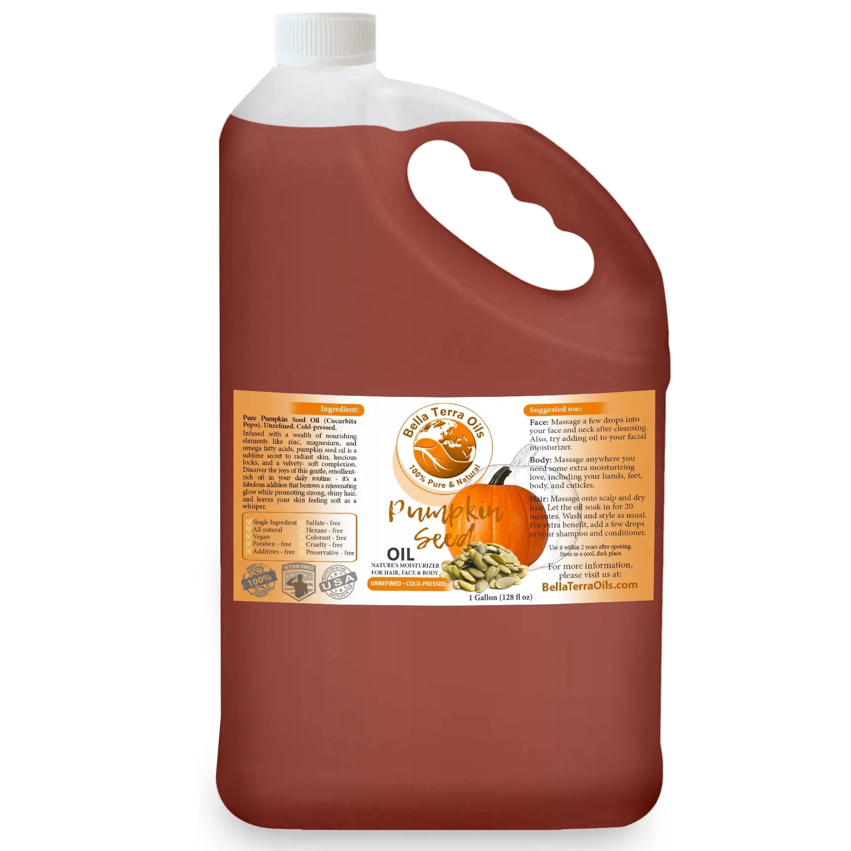 Jug of Bella Terra Pumpkin Seed Oil on a white background