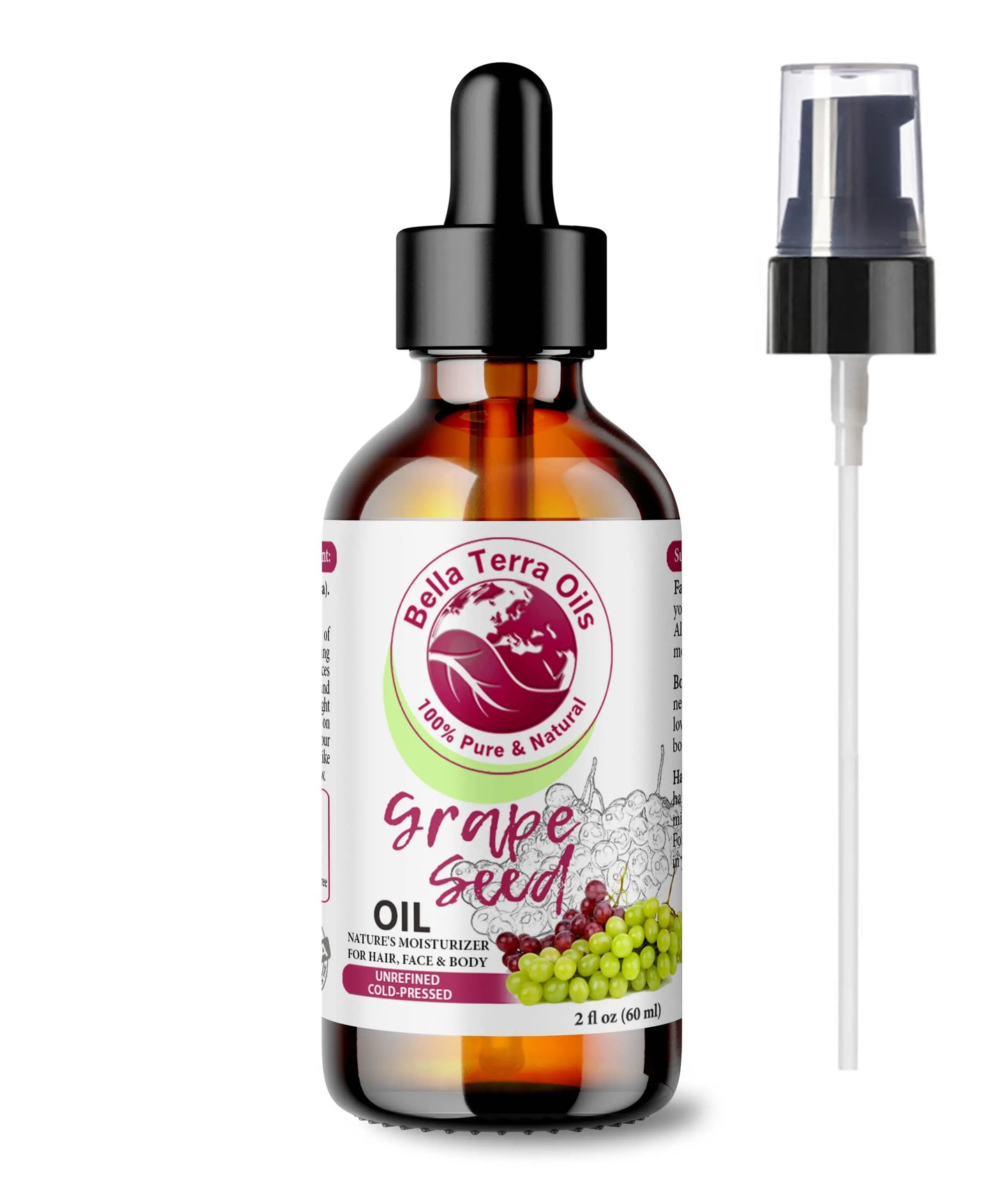 Bella Terra Oils grape seed oil bottle with dropper and spray on a white background
