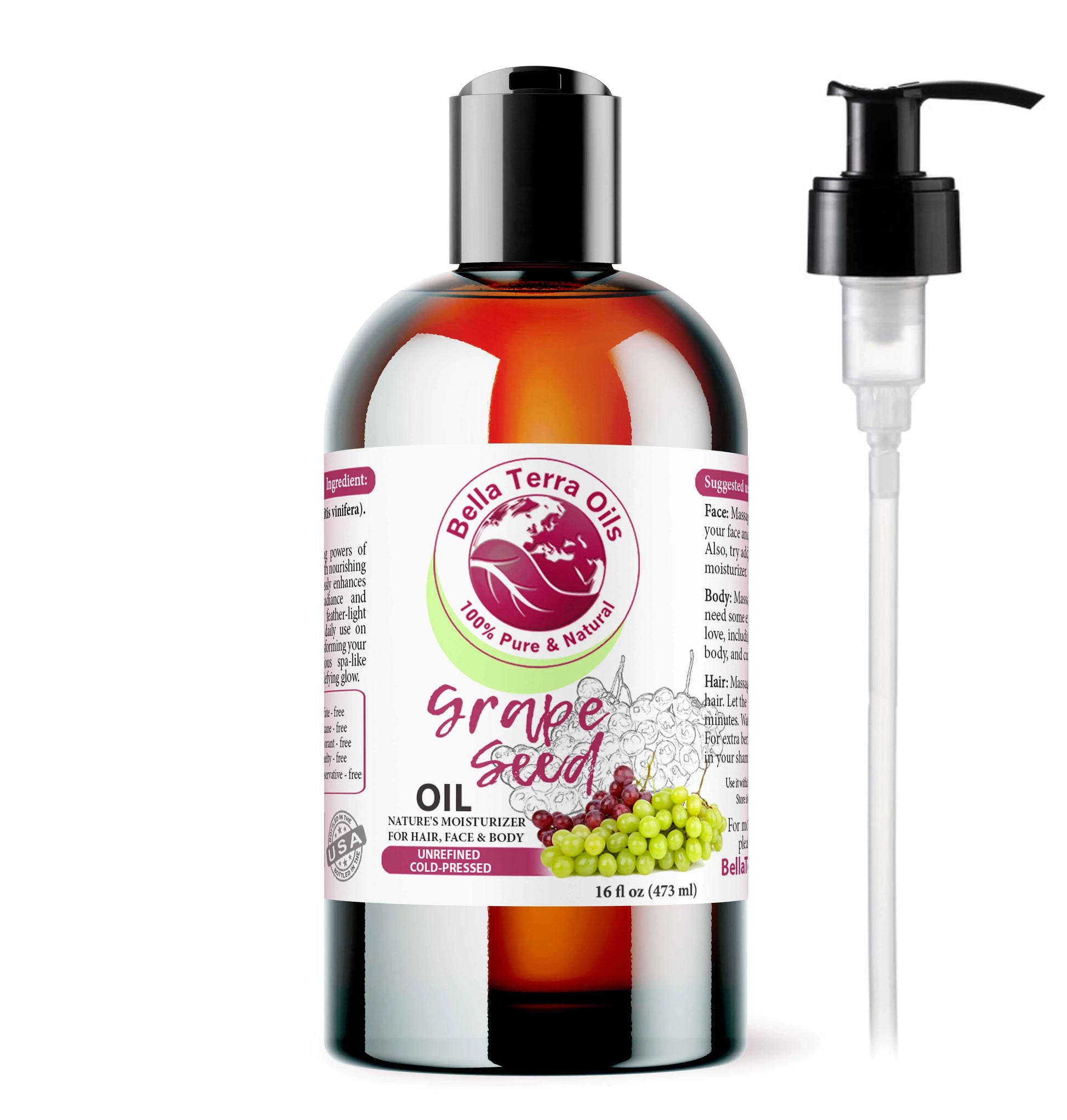 Bottle of Bella Terra Oils grape seed oil with pump on a white background