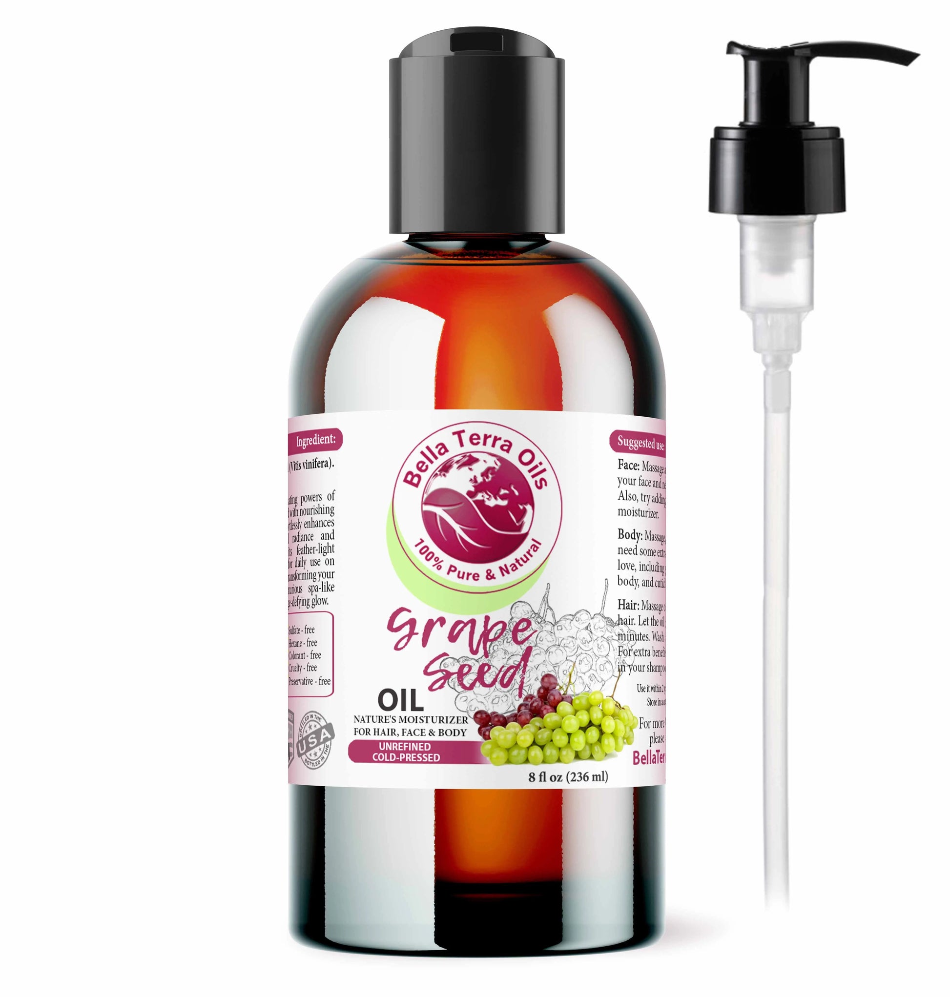Bella Terra Oils grape seed oil bottle with pump on a white background
