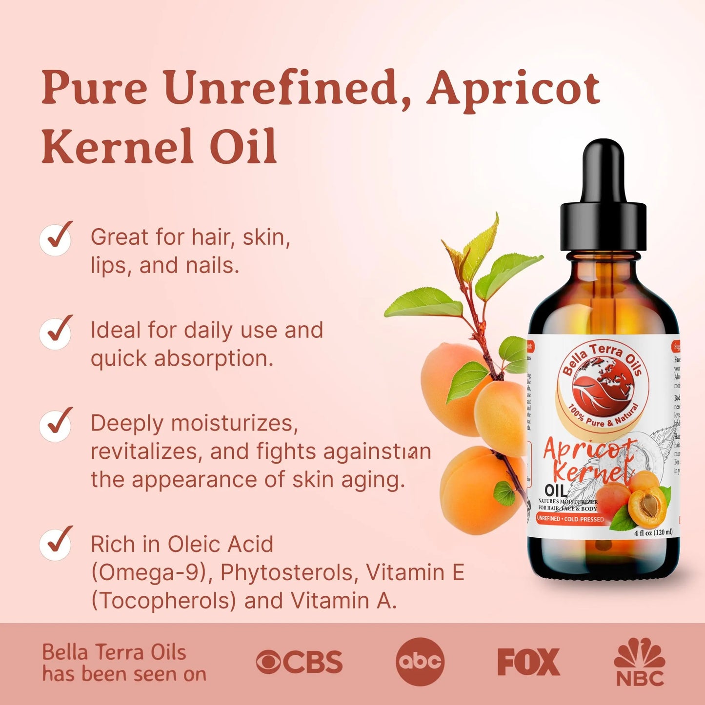 Bottle of apricot kernel oil with promotional text on a pink background