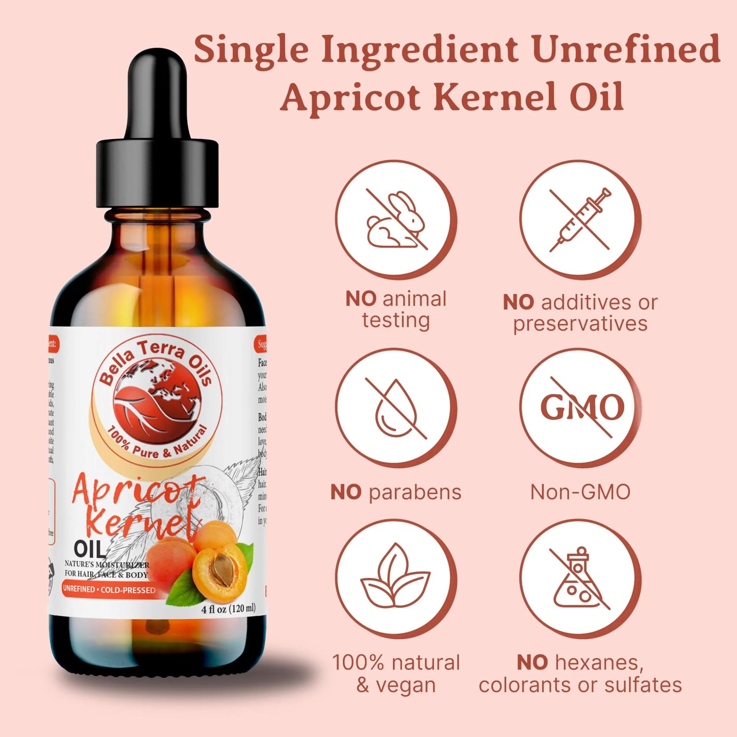 Bottle of Balla Terra Oils Apricot Kernel Oil with certification icons on a pink background