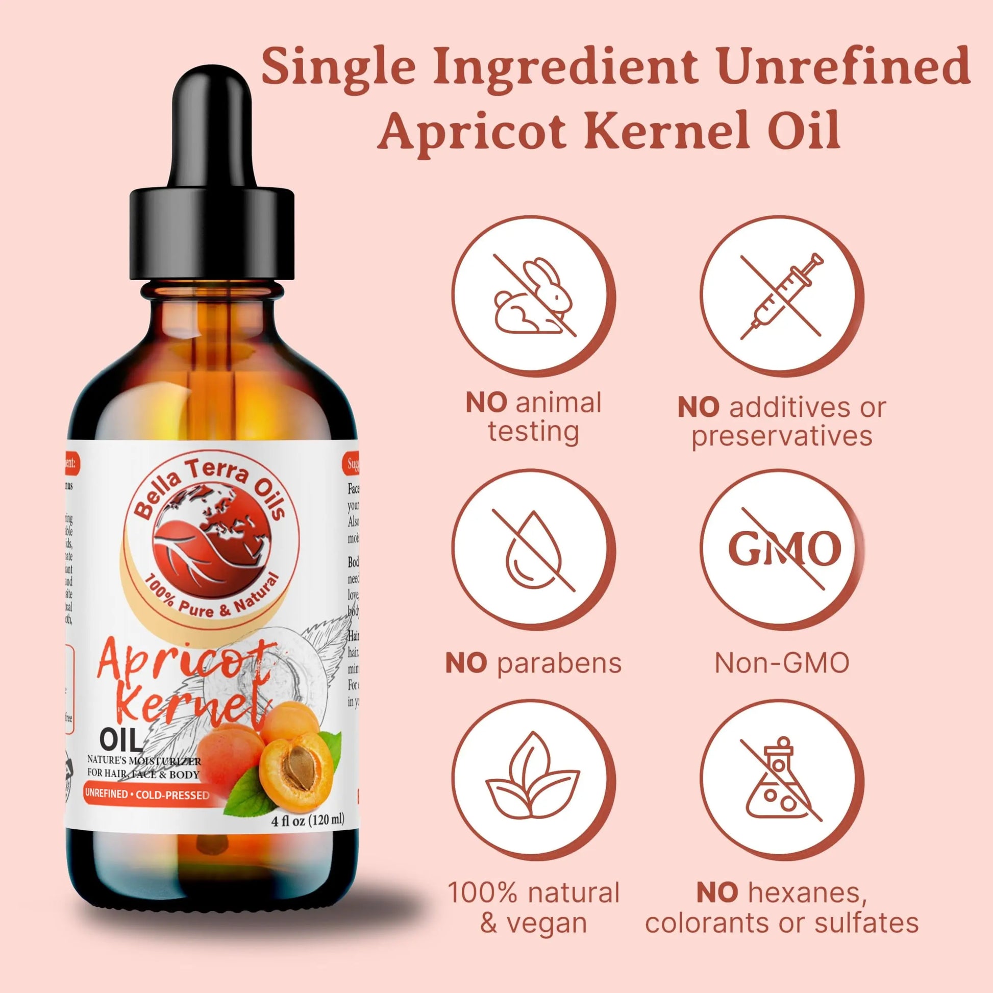 Bottle of Balla Terra Oils Apricot Kernel Oil with certification icons on a pink background