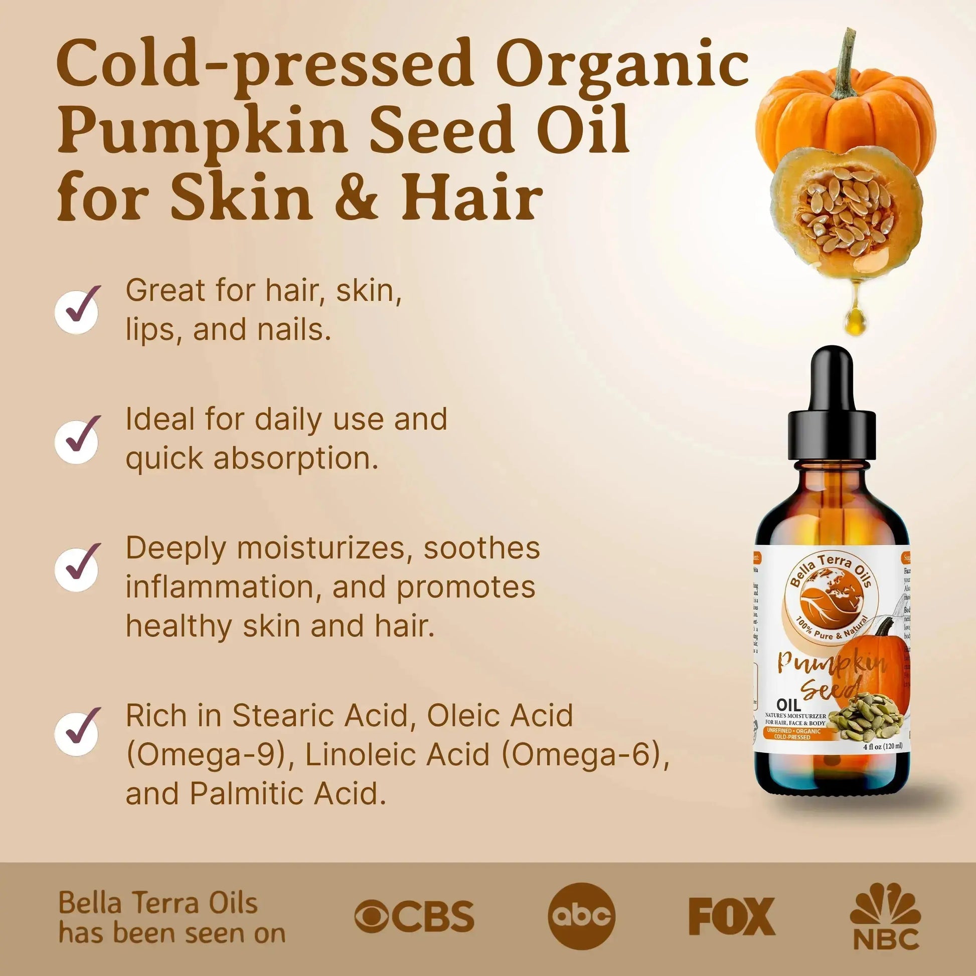 Pumpkin Seed Oil: Cold-Pressed, Natural, Perfect for Skin, Hair, Wellness - Bella Terra Oils