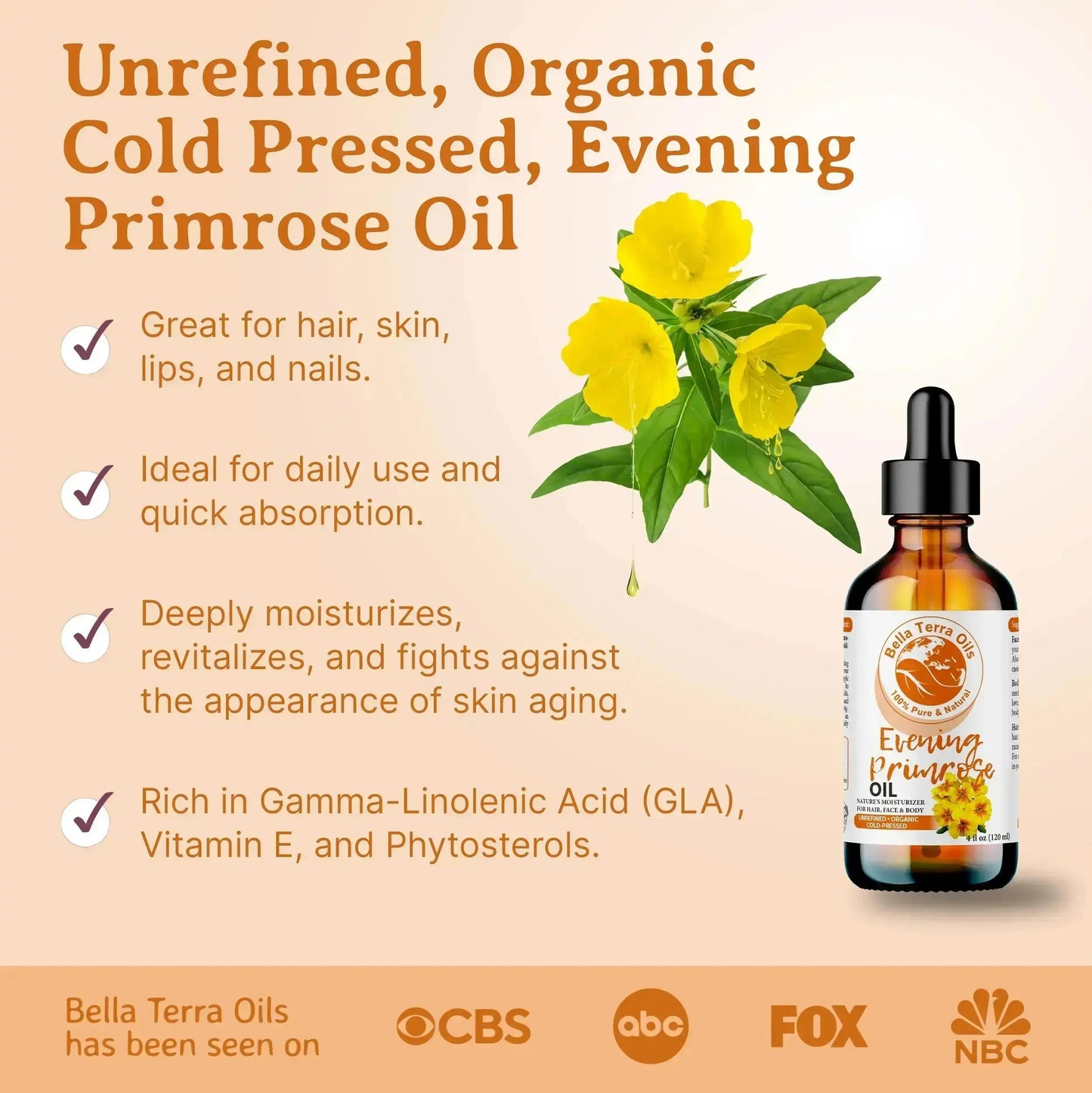 Evening Primrose Oil: Cold-Pressed, Pure, Ideal for Skin and Health - Bella Terra Oils