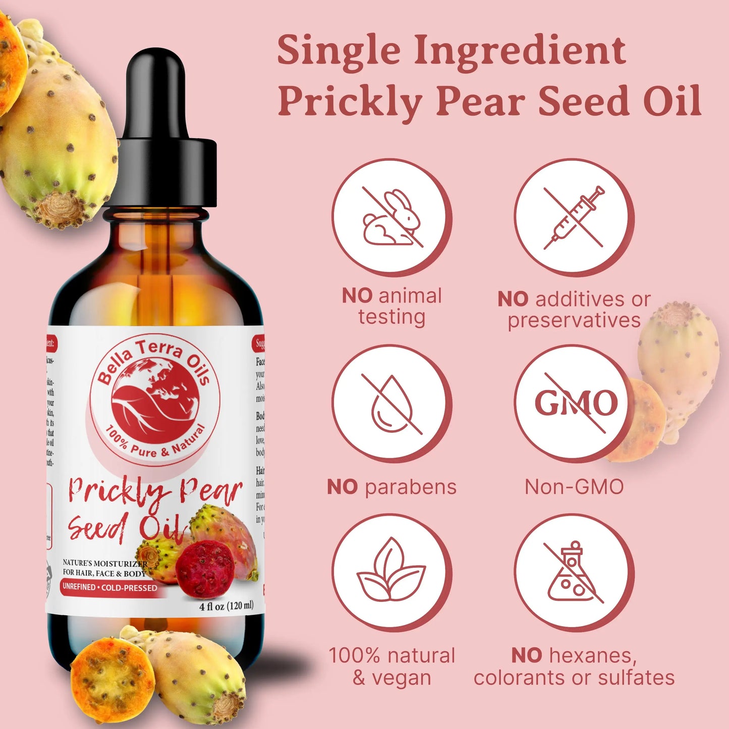 Prickly Pear Seed Oil: Cold-Pressed, Luxurious, Ideal for Skin, Hair Care - Bella Terra Oils