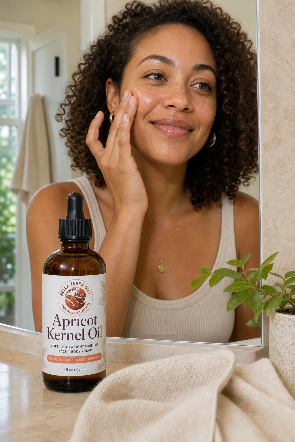 Woman smiling softly while massaging a few drops of oil onto her cheek