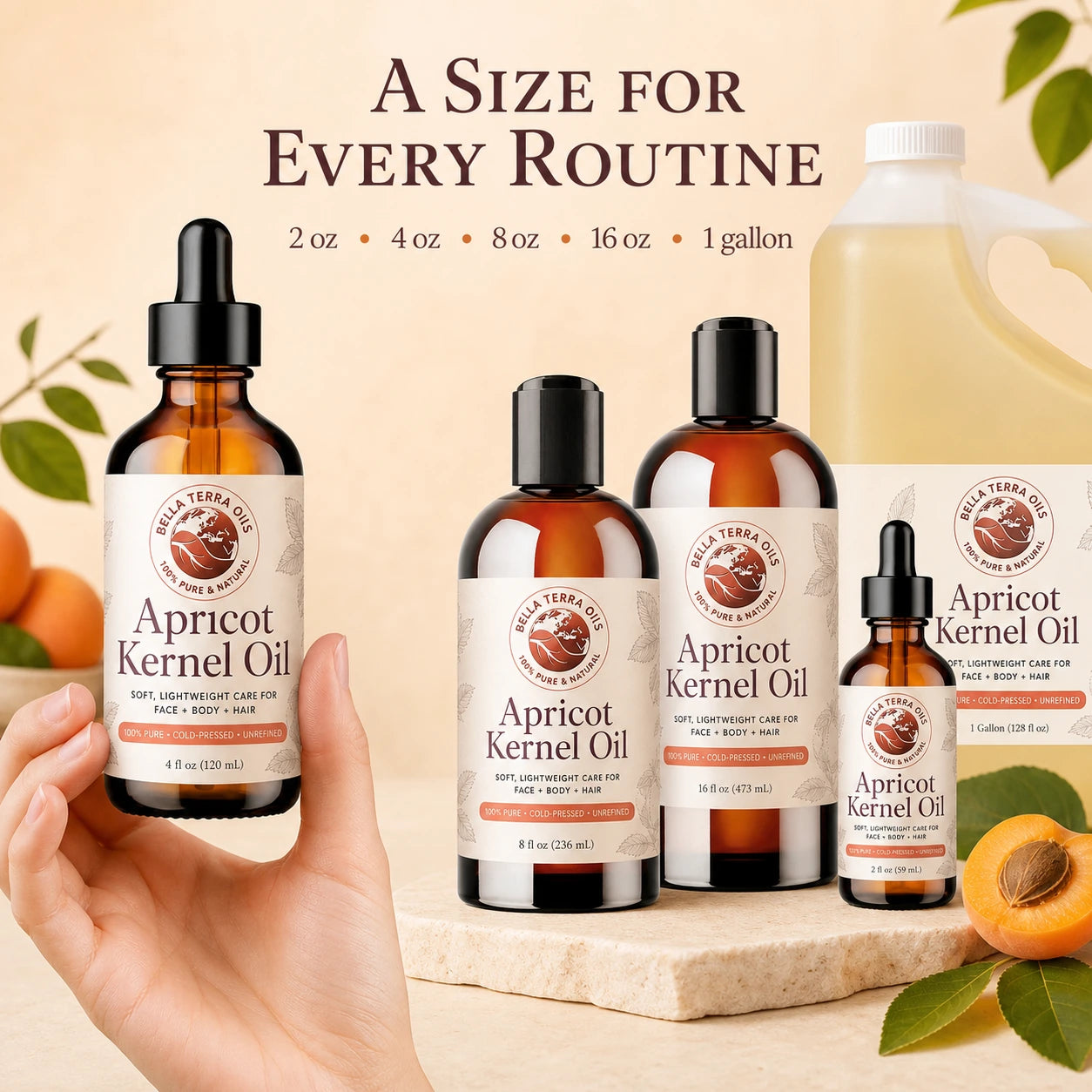 Bella Terra Apricot Kernel Oil shown in personal, refill, and gallon sizes