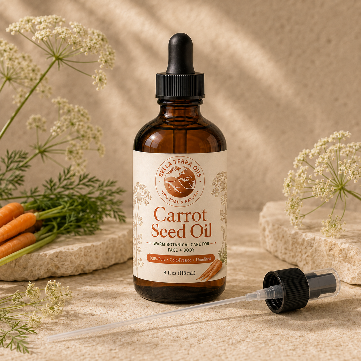 Bella Terra Carrot Seed Oil 4 ounce bottle with its dropper installed and included capped pump beside it