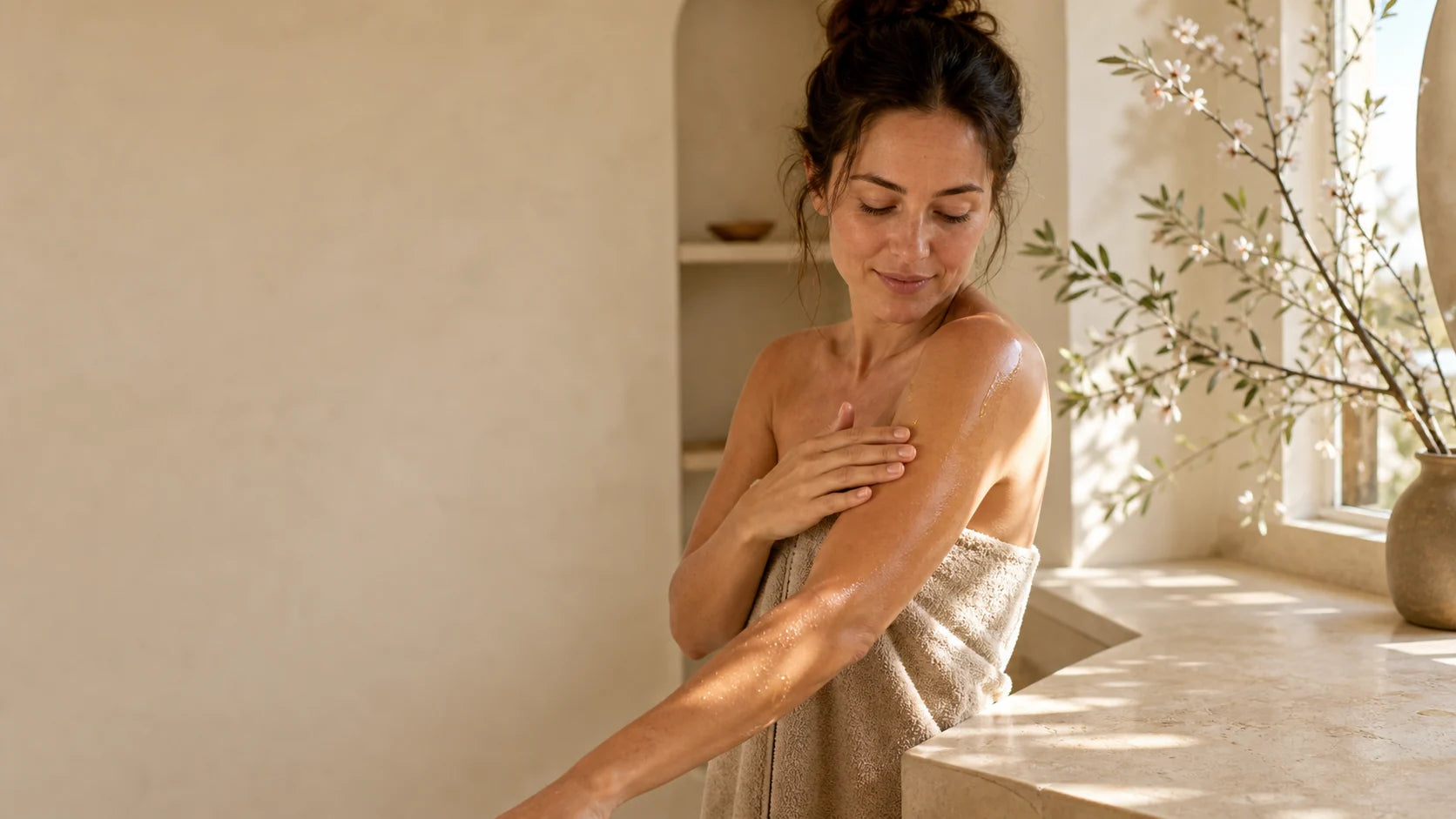 Woman applying botanical oil to her arm in warm morning light