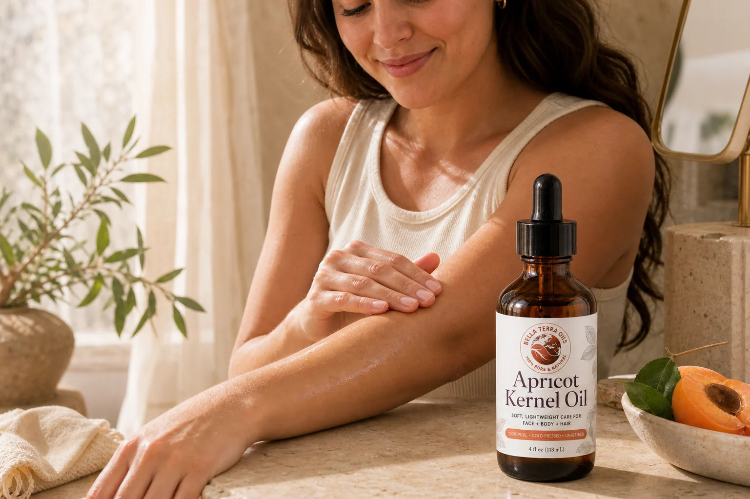 Woman happily massaging Apricot Kernel Oil over her forearm beside a Bella Terra Oils bottle in a warm natural setting