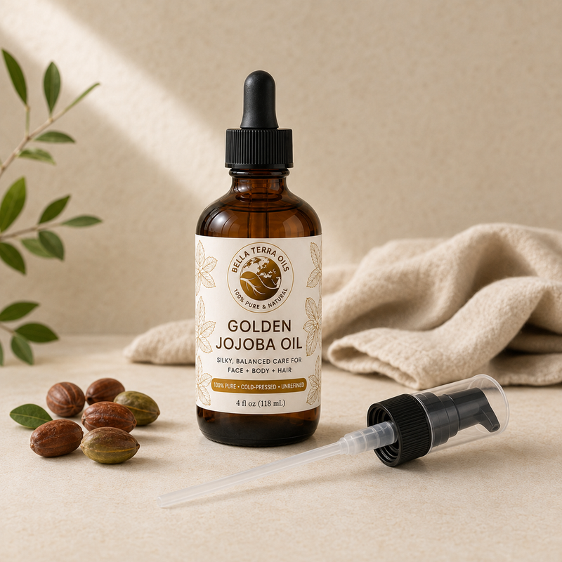 Golden Jojoba Oil 4 oz amber bottle with the new cream and gold label, dropper installed, and capped pump resting beside it