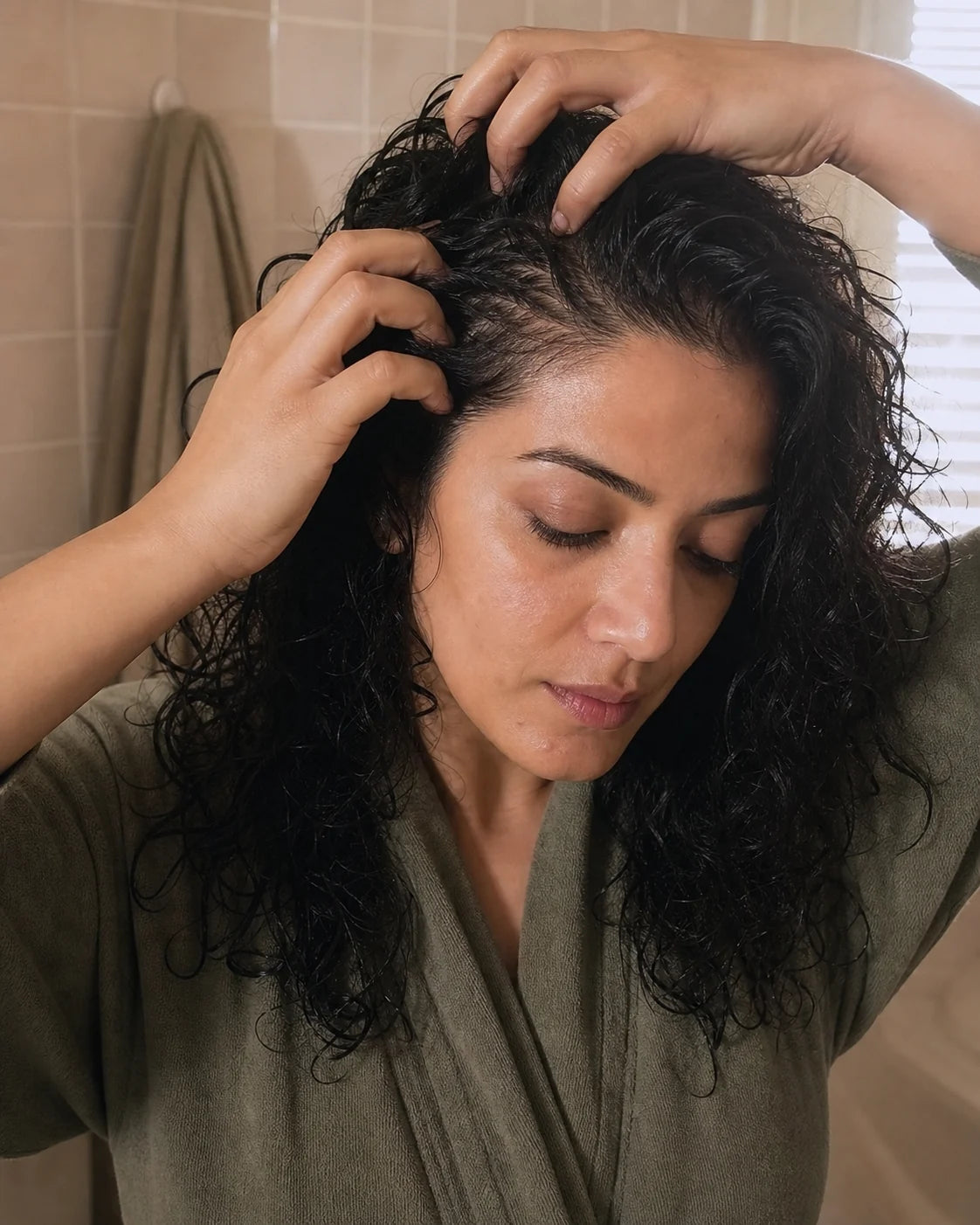 Woman massaging botanical oil through her scalp and roots before washing