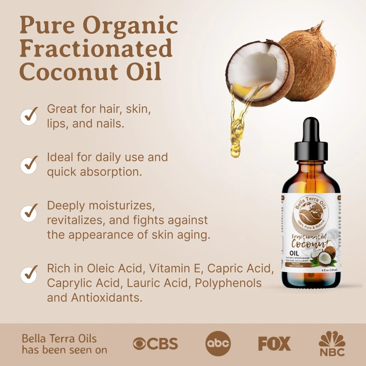 Natural Fractionated Coconut Oil - Lightweight Moisturizer for Skin  Bella  Terra Oils