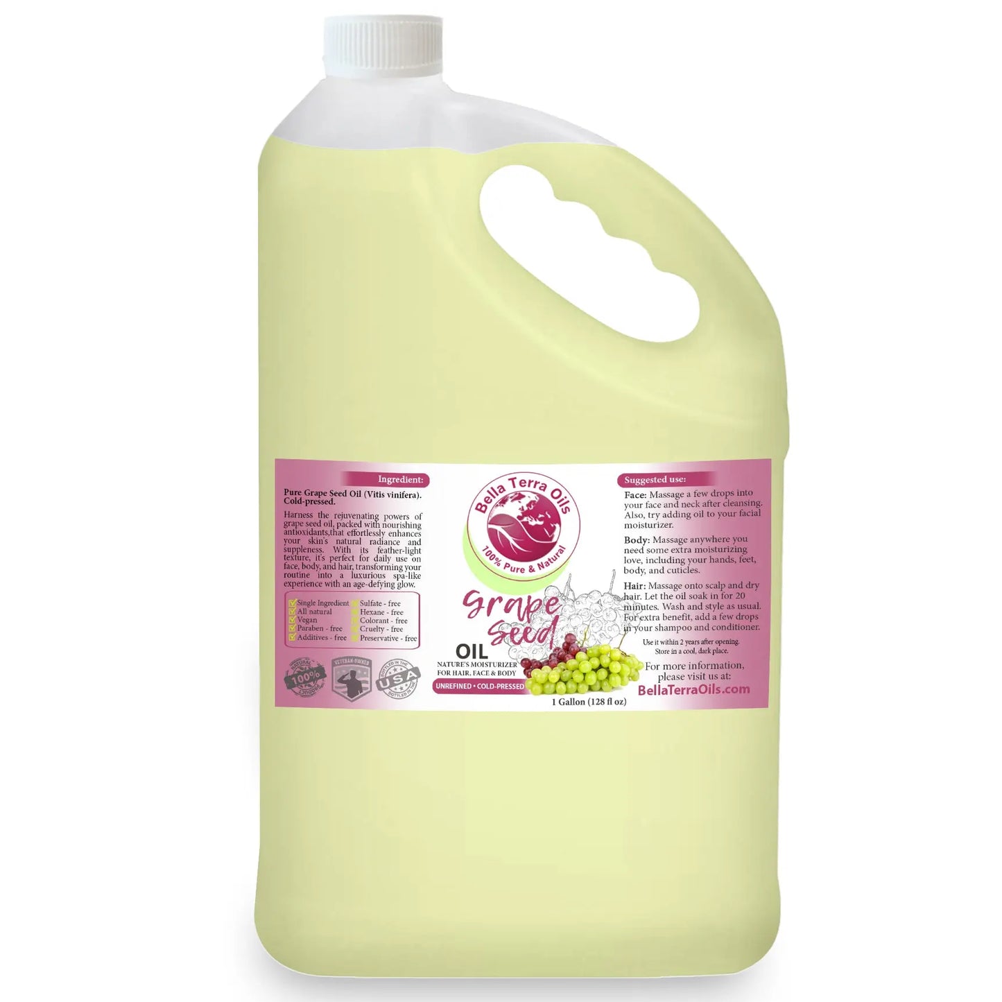 Gallon container of Bella Terra Organics Grape Seed Oil on a white background