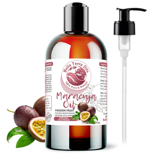 A bottle of Bella Terra Oils Maracuja Oil with a pump dispenser, alongside images of passion fruits and leaves. The label on the bottle includes the product name and a brief description.