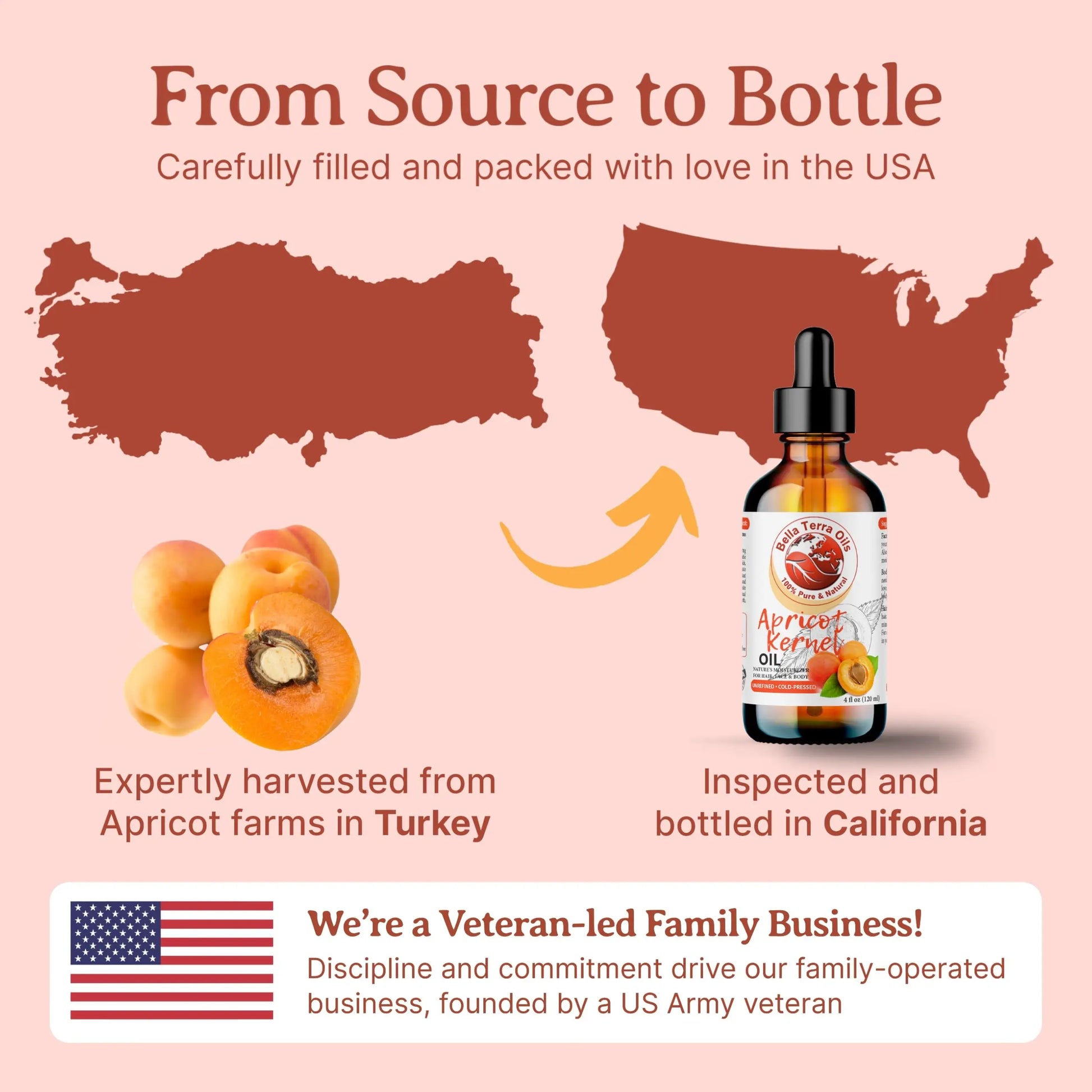 Infographic showing apricot journey from Turkey to California with a bottle labeled 'Apricot Kernel Oil'.
