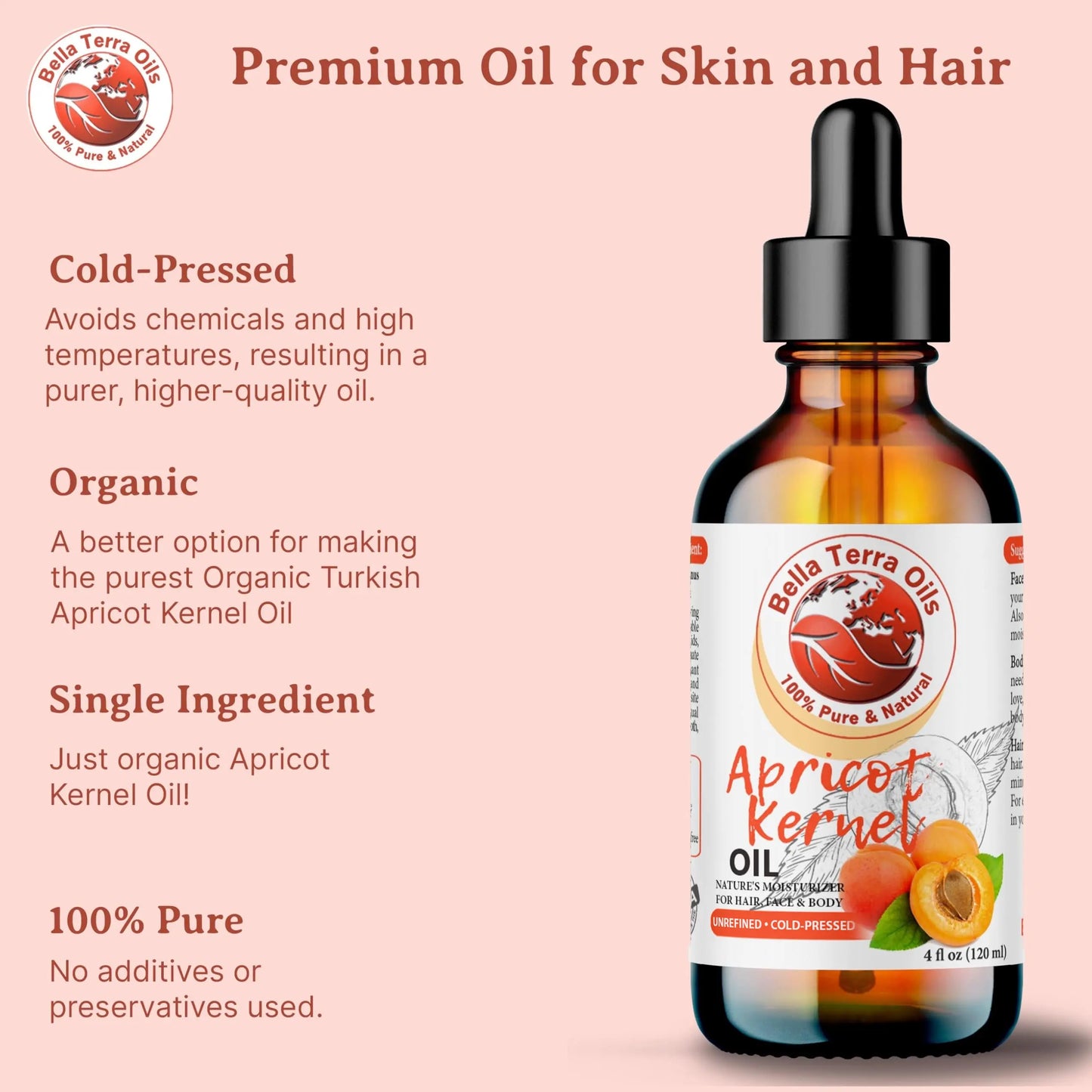 Bottle of Balla Terra Oils Apricot Kernel Oil with product features on a pink background