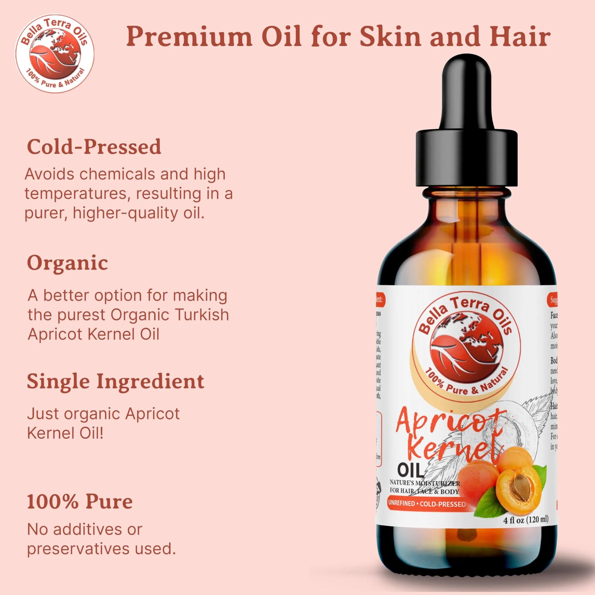 Bottle of Balla Terra Oils Apricot Kernel Oil with product features on a pink background