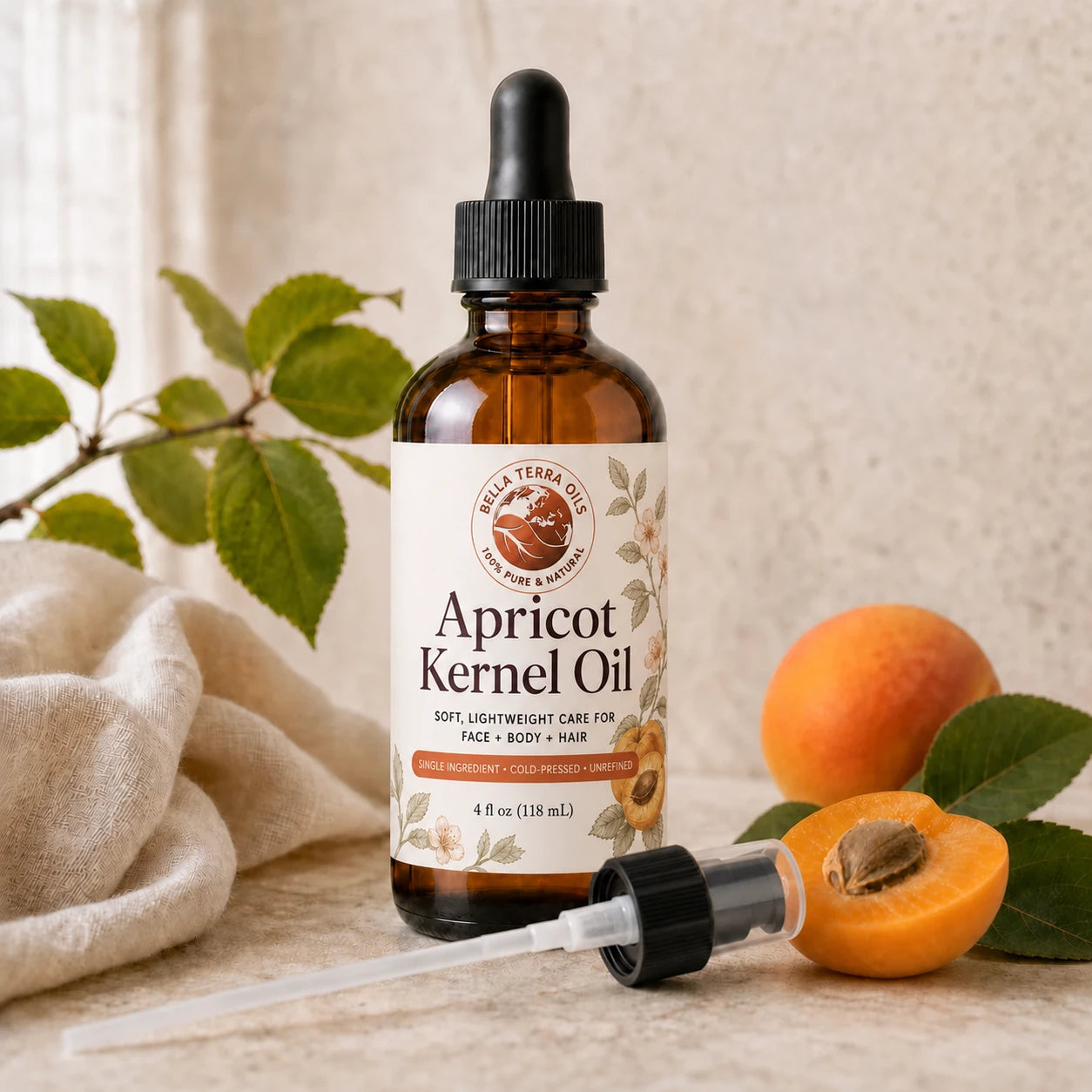 Apricot Kernel Oil with its dropper and included pump