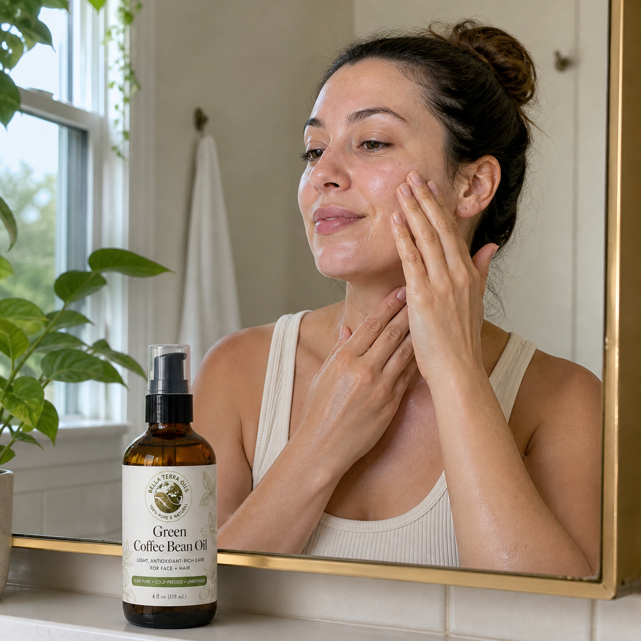 Customer massaging two or three drops of Green Coffee Bean Oil over clean, slightly damp face and neck