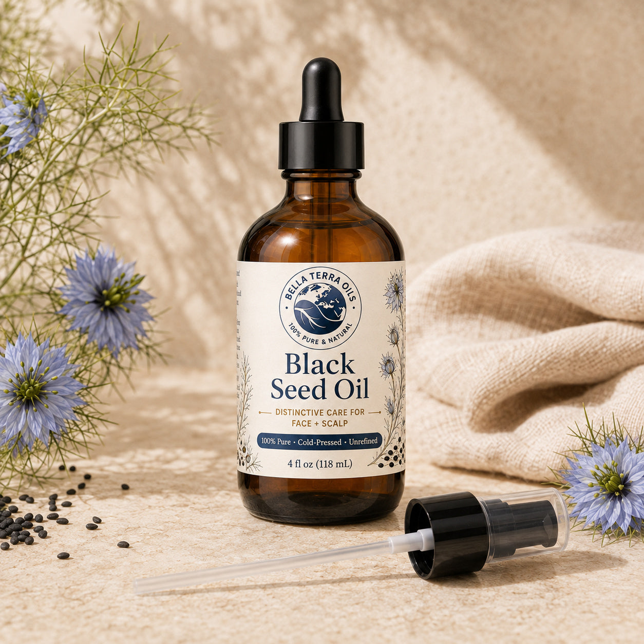 Bella Terra Black Seed Oil 4 ounce bottle with its dropper installed and included capped pump beside it