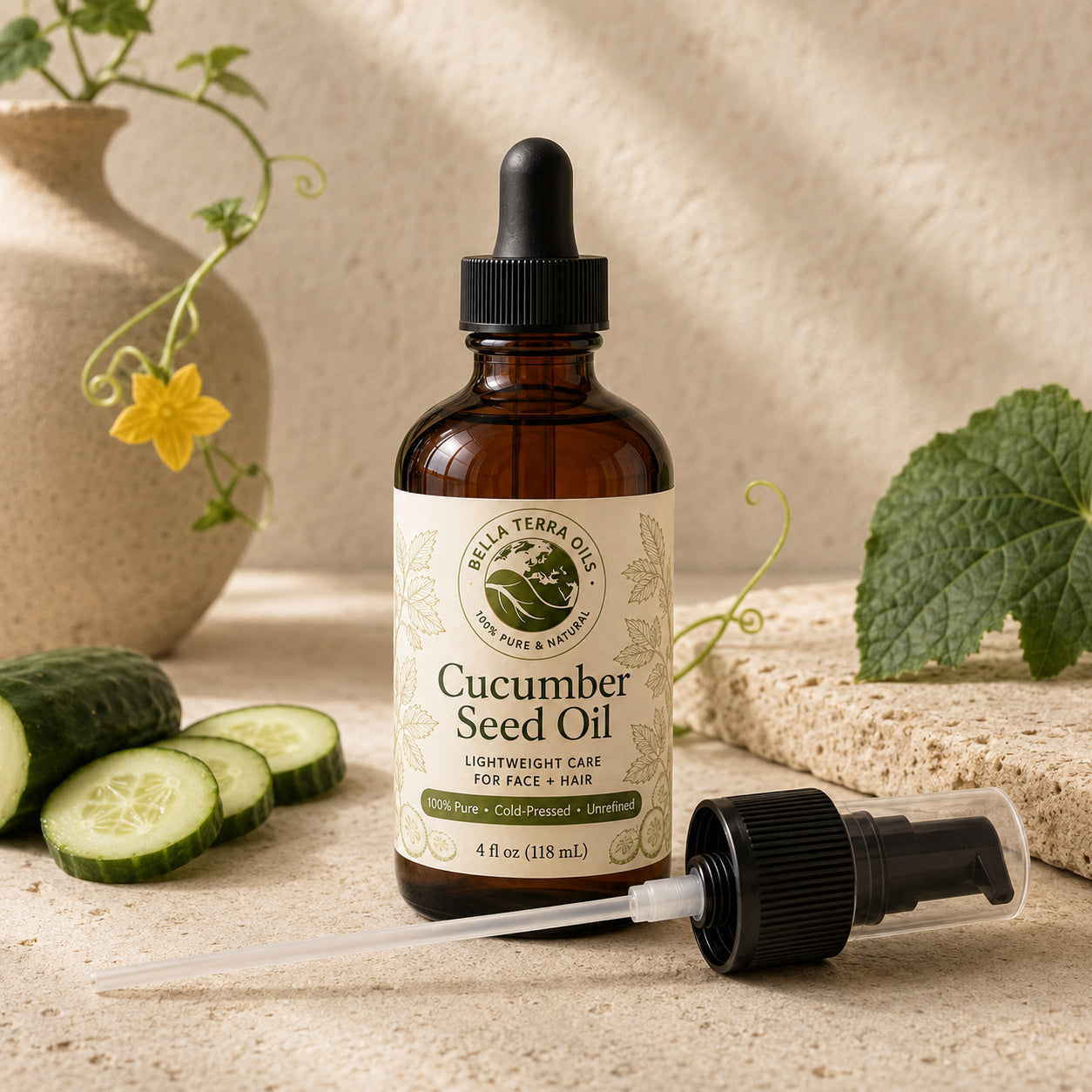 Bella Terra Cucumber Seed Oil 4 ounce bottle with its dropper installed and included capped pump beside it