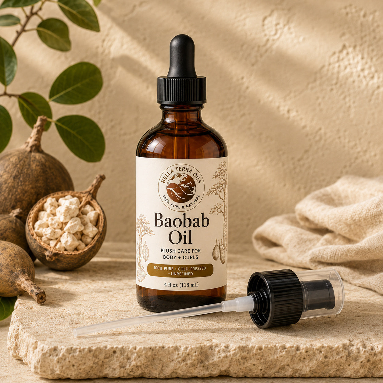 Bella Terra Baobab Oil 4 ounce bottle with its dropper installed and included capped pump beside it