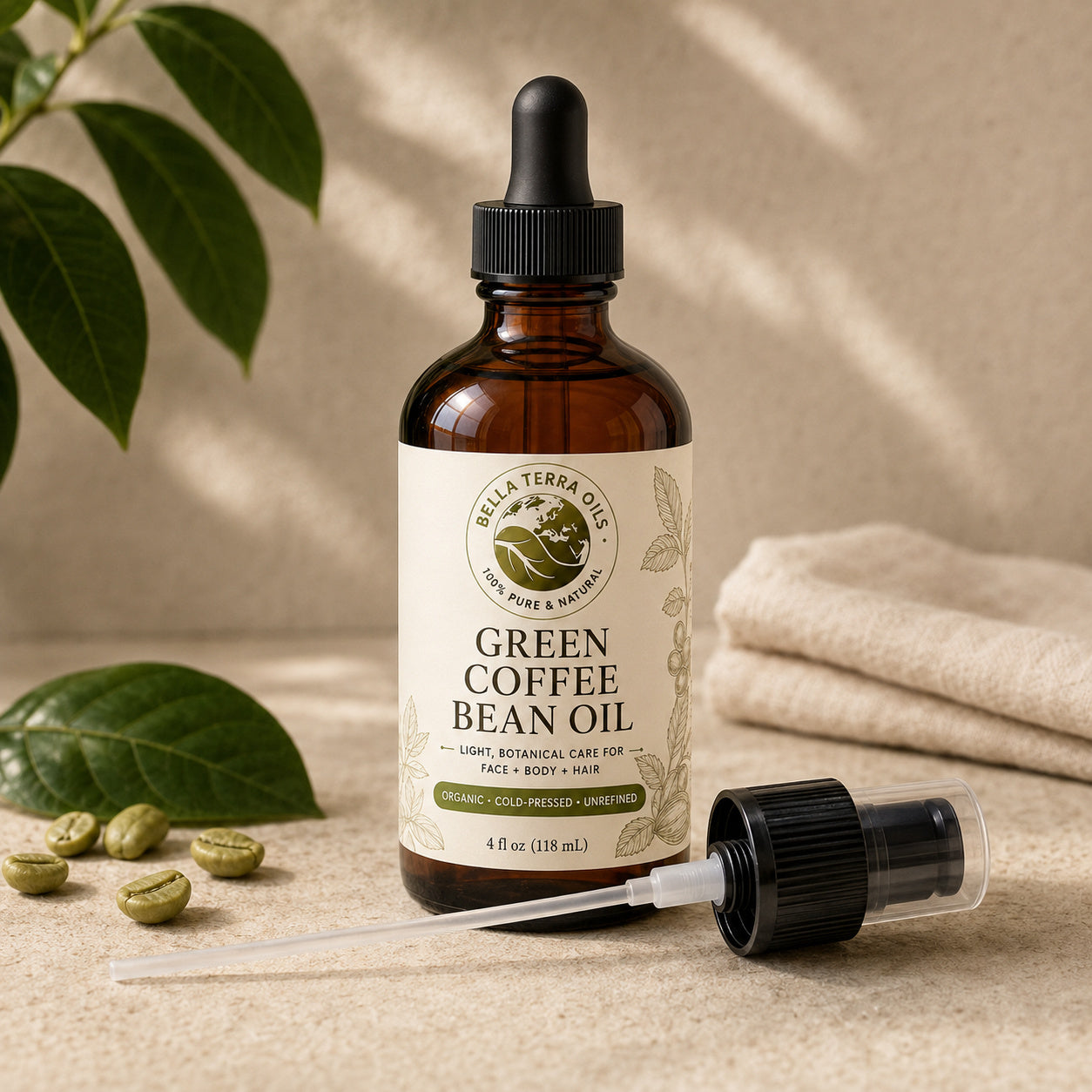 Bella Terra Green Coffee Bean Oil 4 ounce bottle with its dropper installed and included capped pump beside it