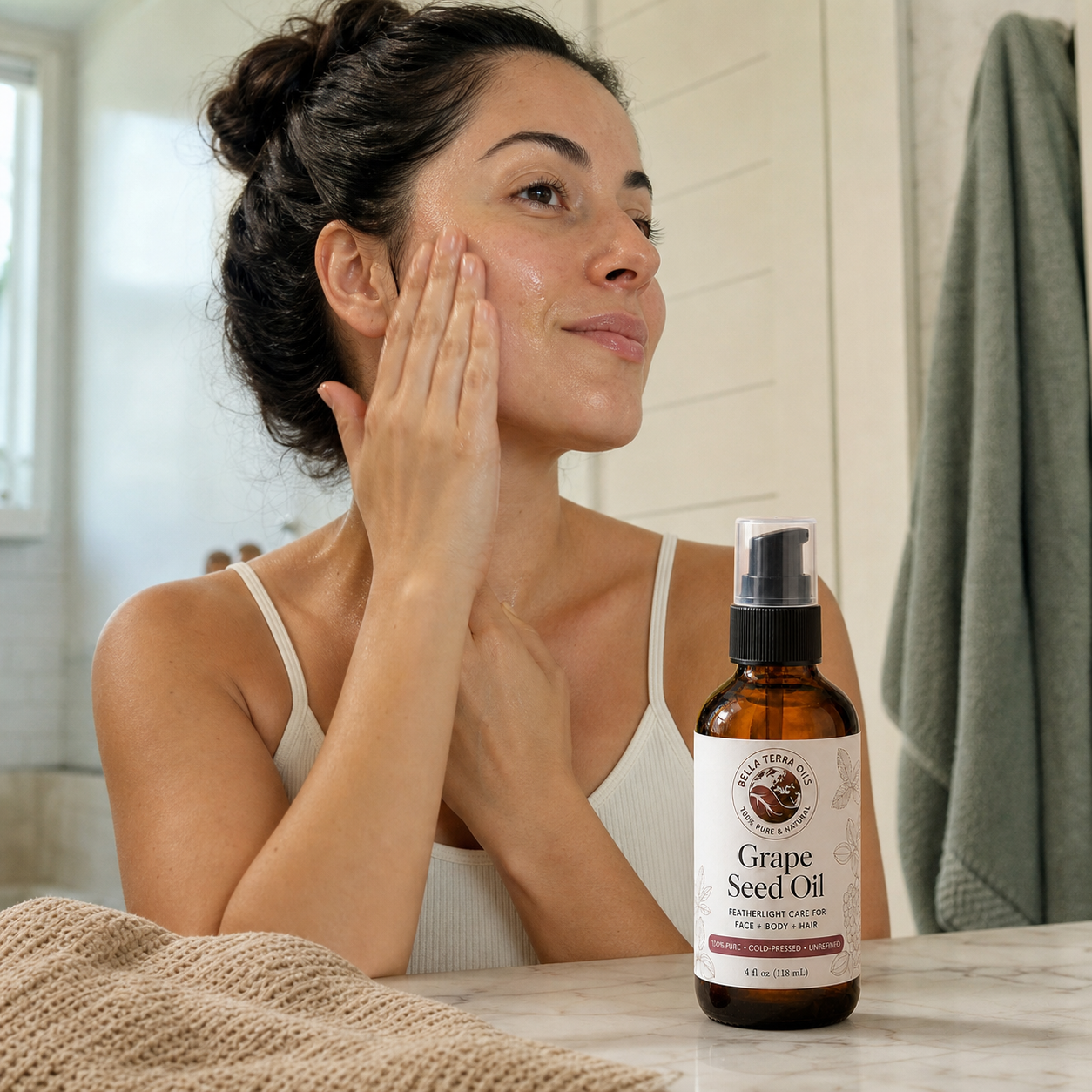 Grape Seed Oil face routine in a real home bathroom